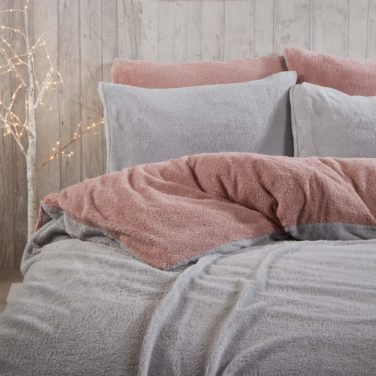 OHS Reversible Teddy Fleece Duvet Cover with Pillowcase Bedding Set Grey