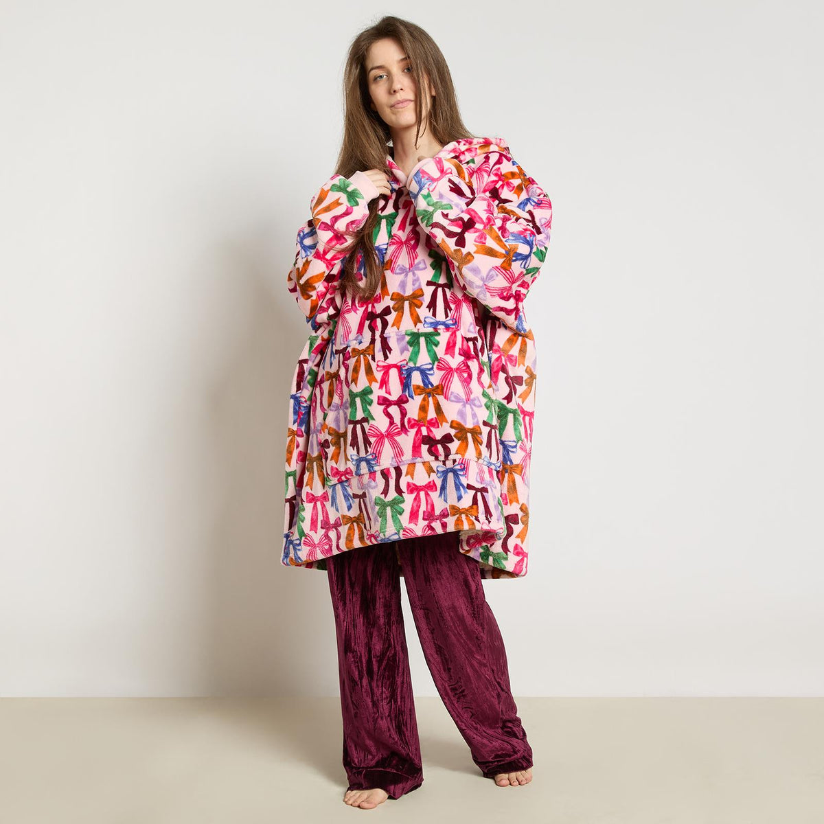 OHS Bows Print Hooded Blanket Adult Kids Sherpa Lined Winter Family Hoodie
