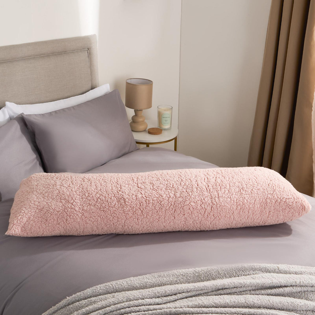 OHS Long Bolster Pillow Teddy Fleece Body Neck Pregnancy Support Cushion