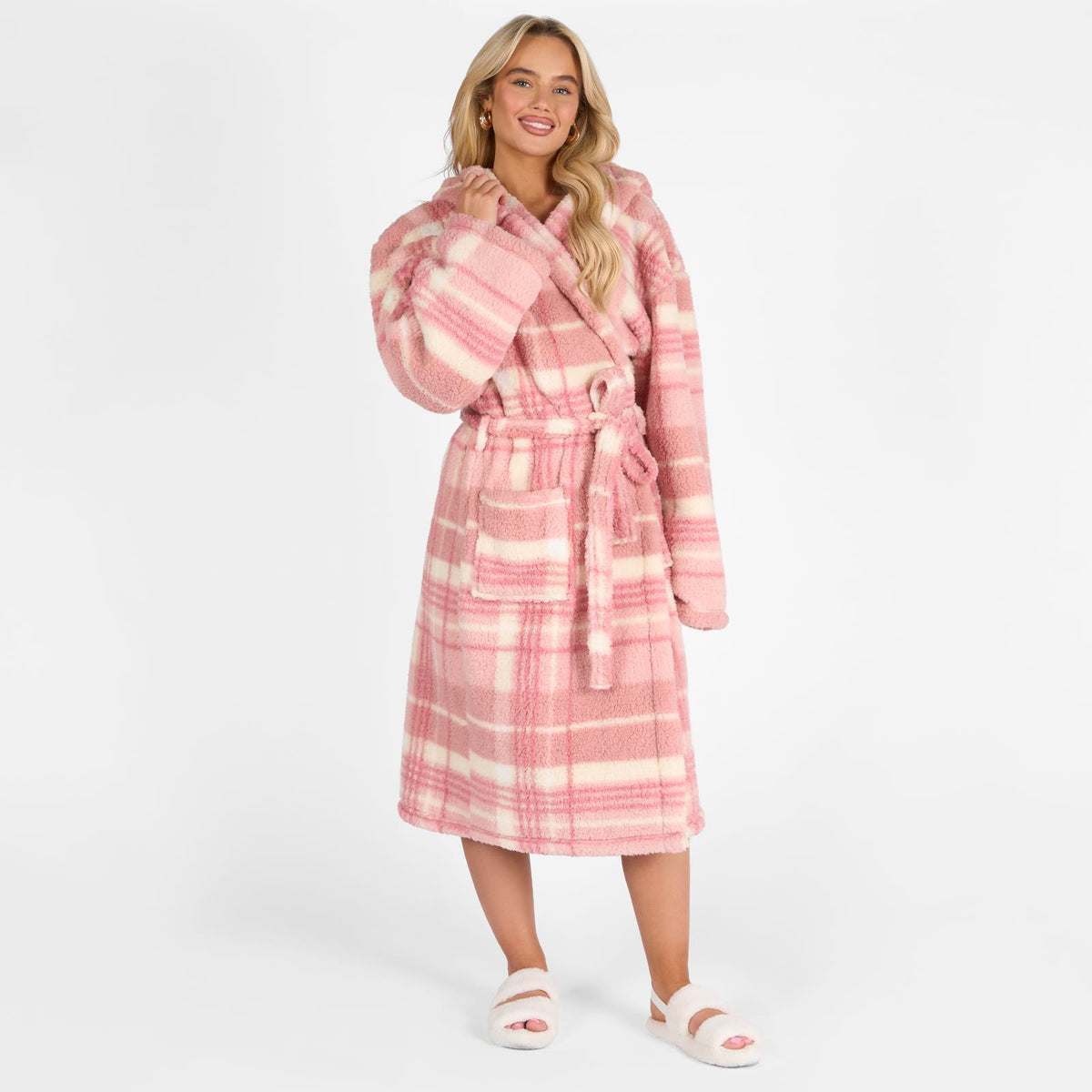 OHS Teddy Dressing Gown Tartan Check Soft Unisex Hooded Xmas Loungewear Robe