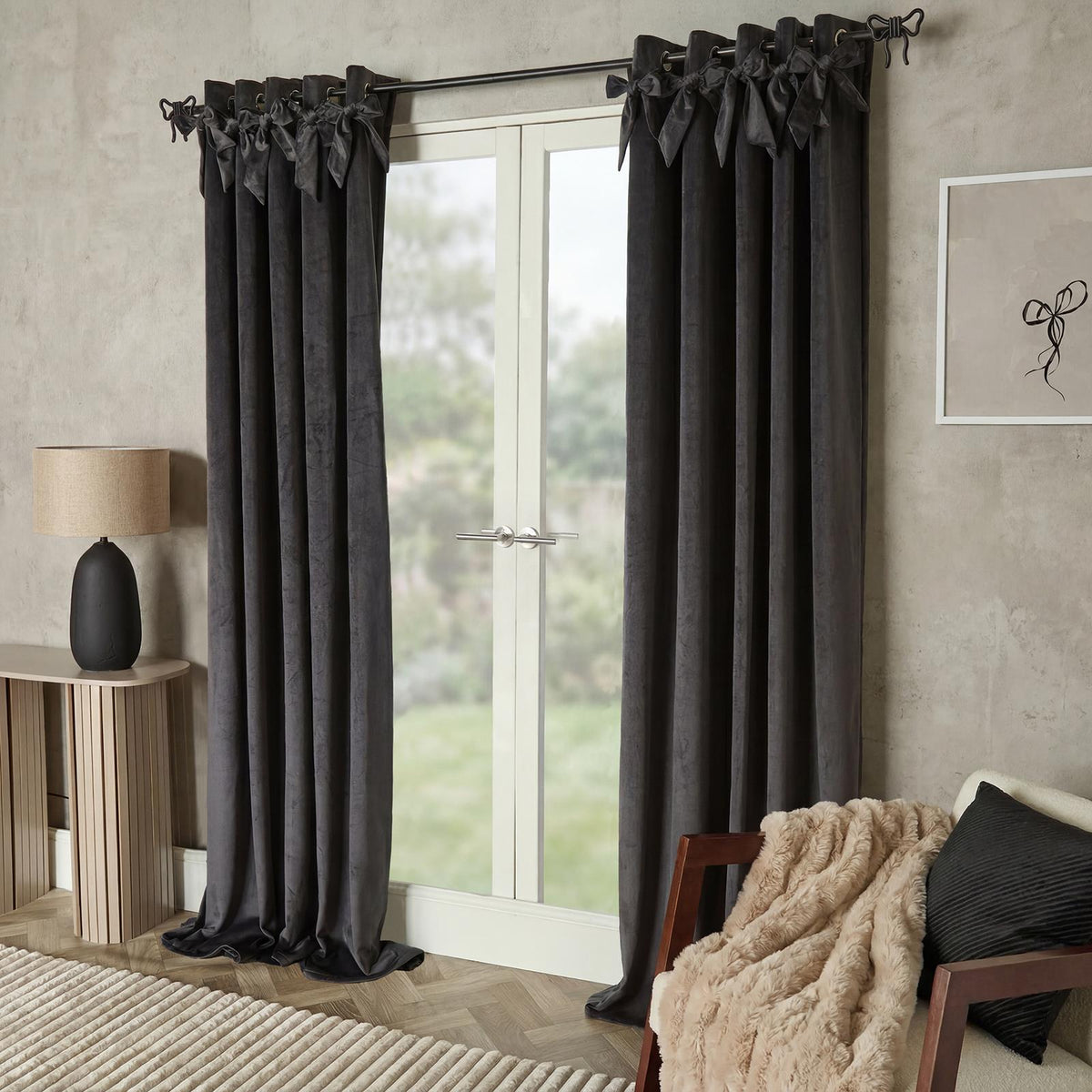 OHS Velvet Eyelet Curtains Bow Decor 2 Pair Of Ready Made Luxury Thick Ring Top