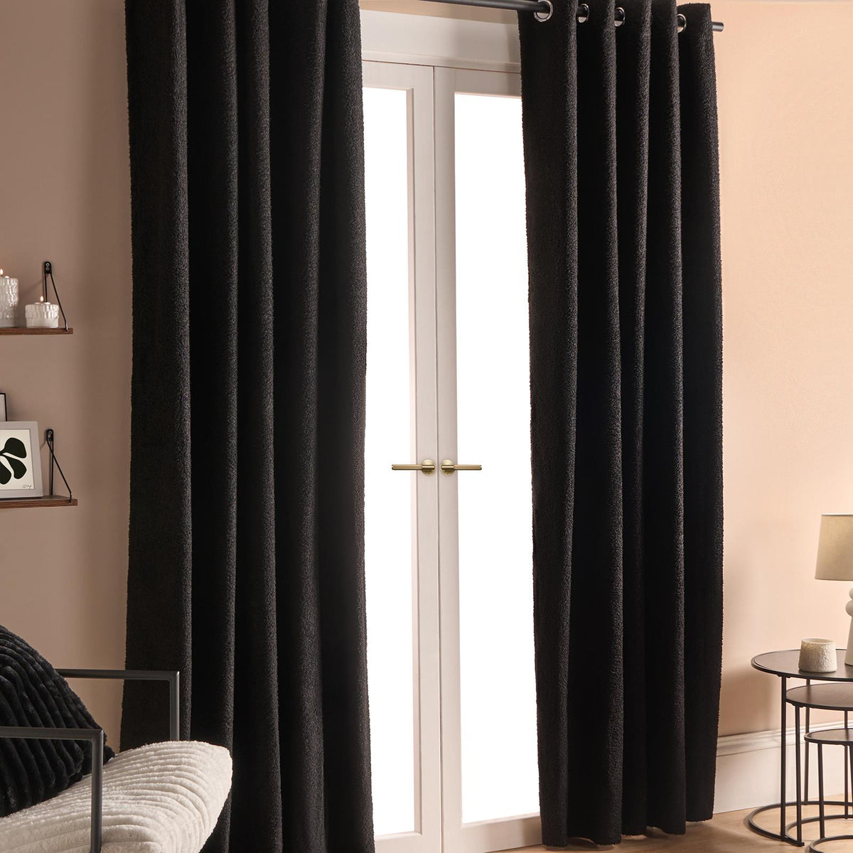 OHS Boucle Eyelet Curtains Blackout Pair Ready Made Ring Top Energy Saving