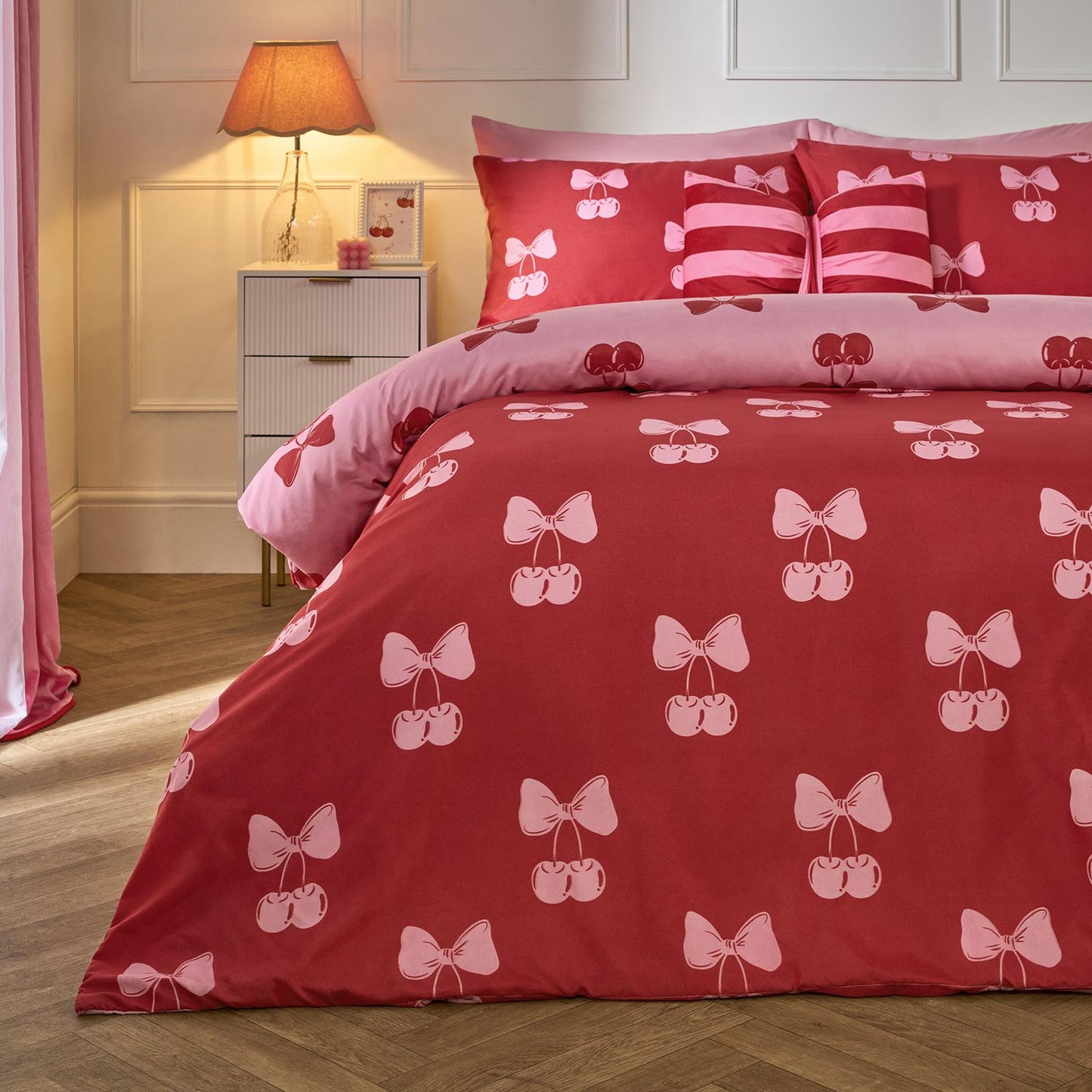 OHS Cherry Bow Bedding Set Microfibre Reversible Duvet Cover with Pillowcase