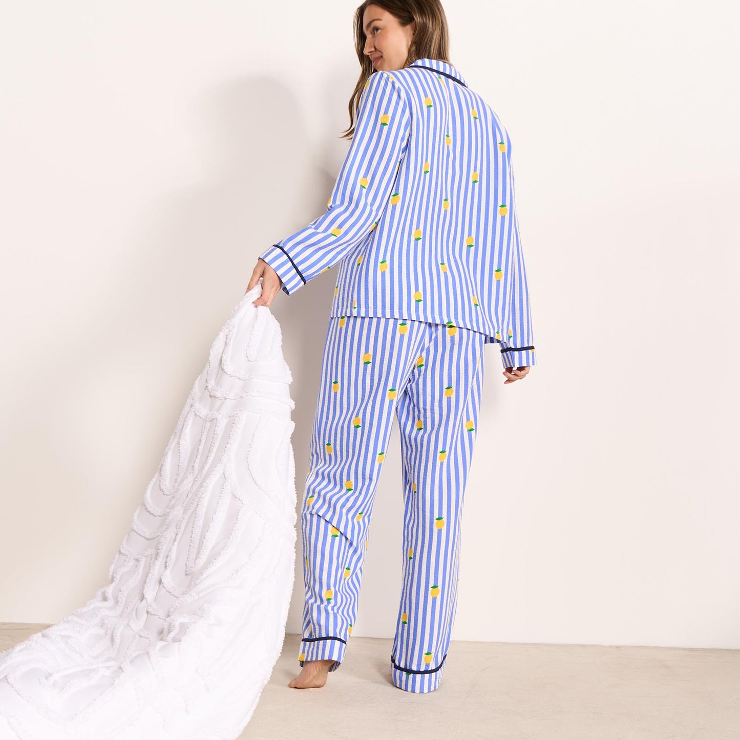 OHS Stripe Pyjama Set Womens Seersucker Button Through Soft Nightwear Loungewear