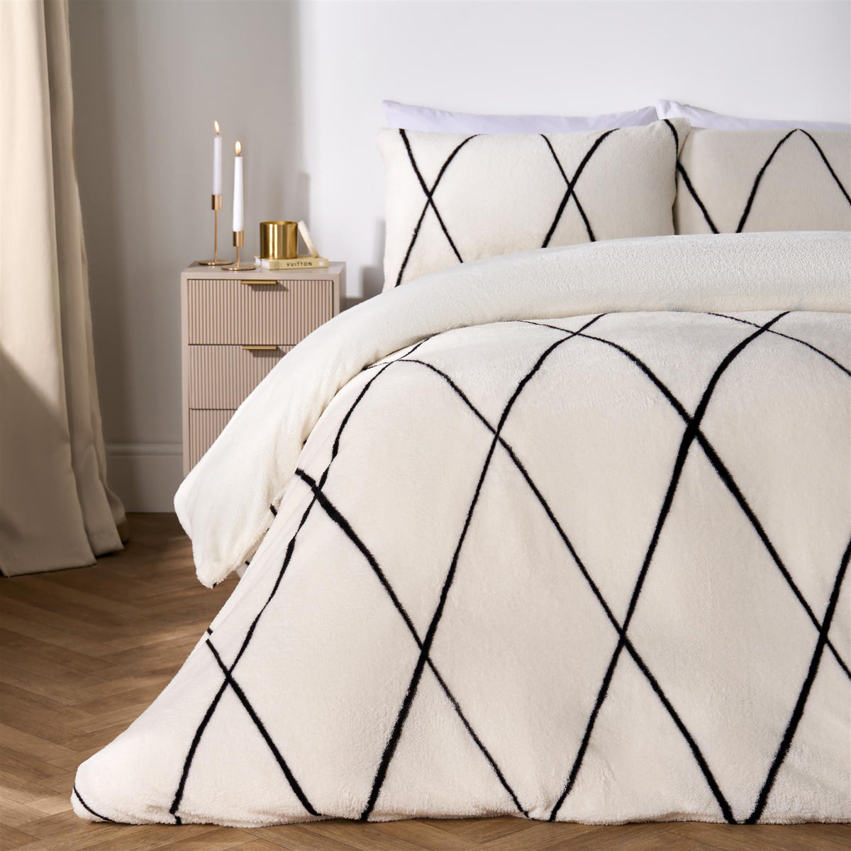 OHS Diamond Check Bedding Set Teddy Fleece Winter Duvet Cover with Pillowcase