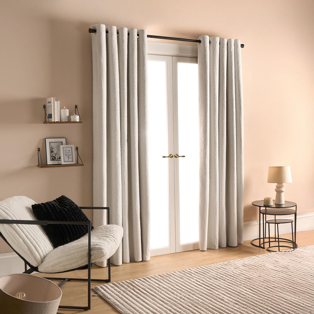 OHS Boucle Eyelet Curtains Blackout Pair Ready Made Ring Top Energy Saving