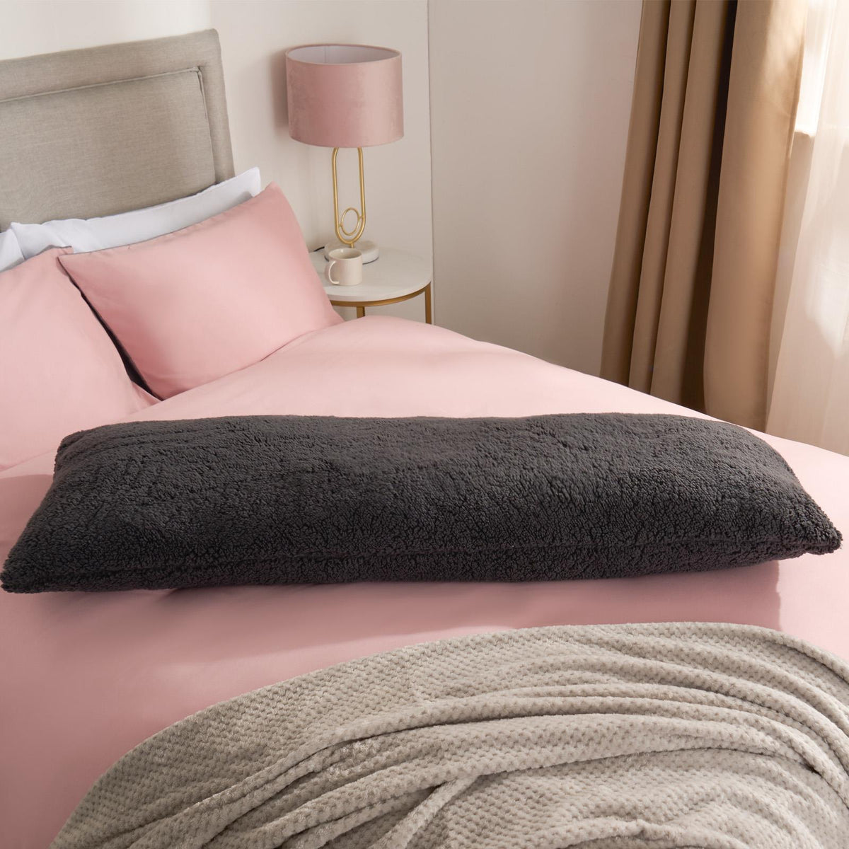 OHS Long Bolster Pillow Teddy Fleece Body Neck Pregnancy Support Cushion