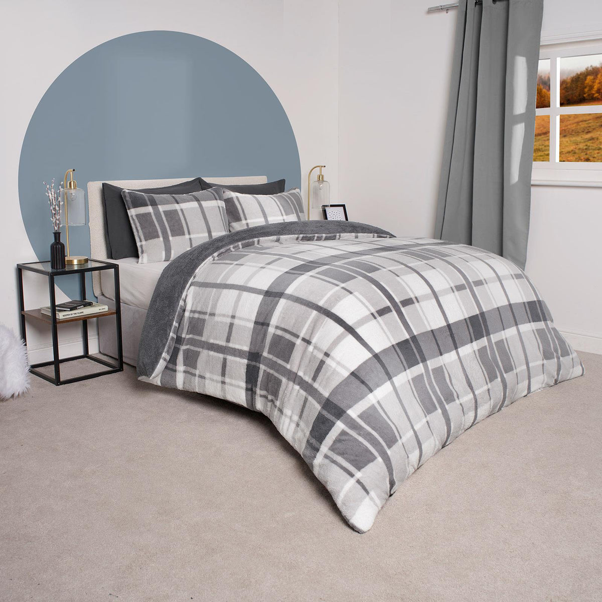 OHS Teddy Fleece Bedding Set Warm Winter Check Duvet Cover with Pillowcase