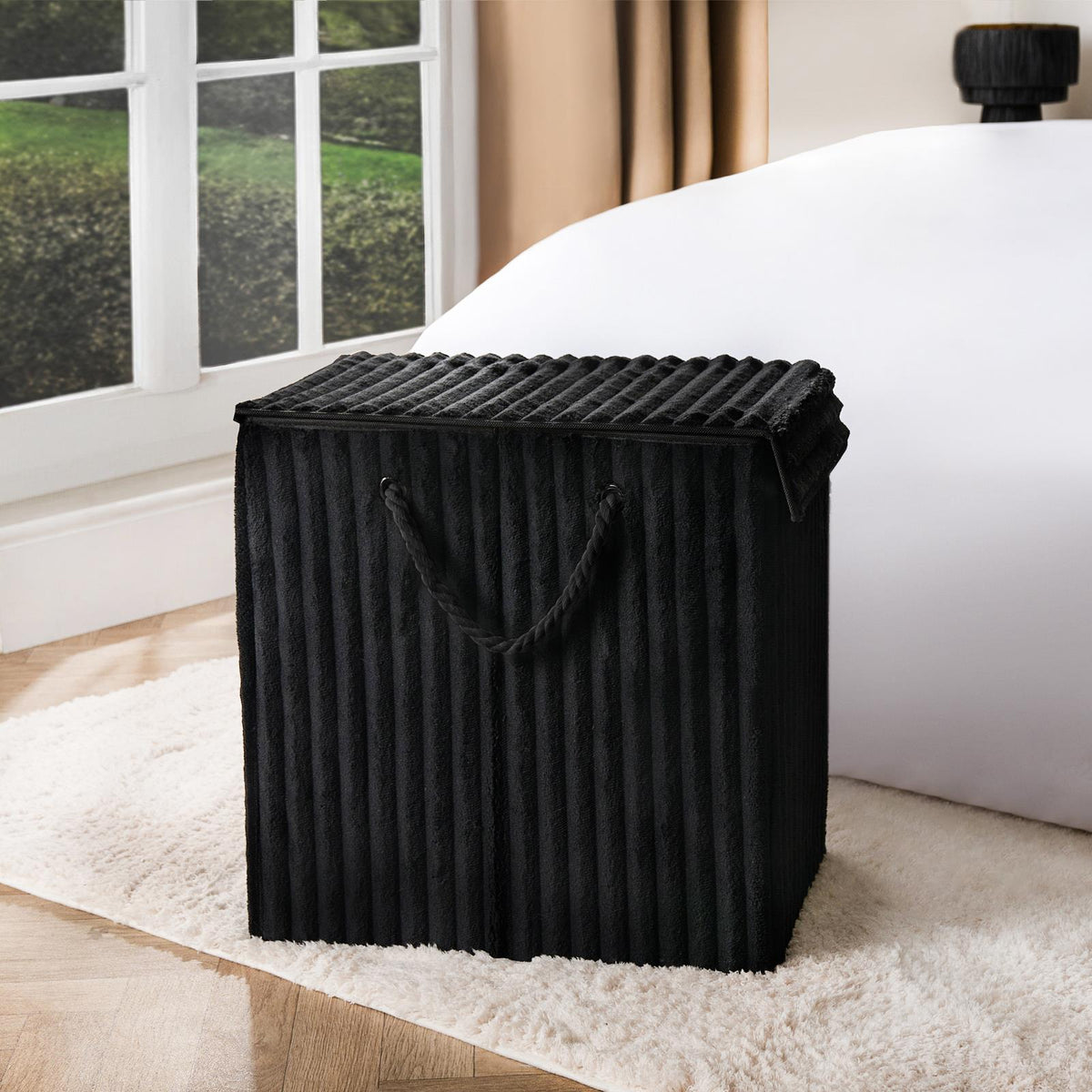 OHS Ribbed Laundry Basket with Lid Foldable Hamper Bag Washing Bin Storage
