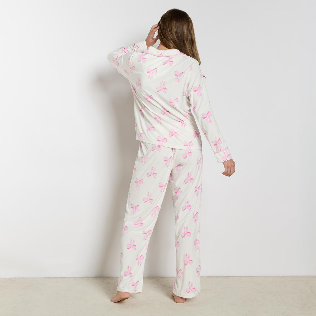 OHS Bows Pyjama Set Womens Button Through Baby Fleece Loungewear Nightwear