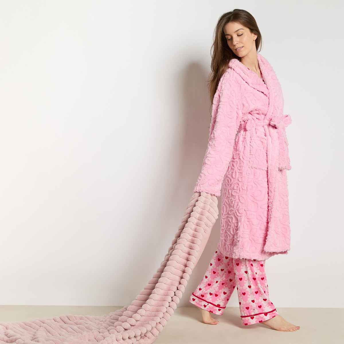OHS Tufted Dressing Gown Soft Fleece Robe Thermal Bathrobe Hooded Loungewear