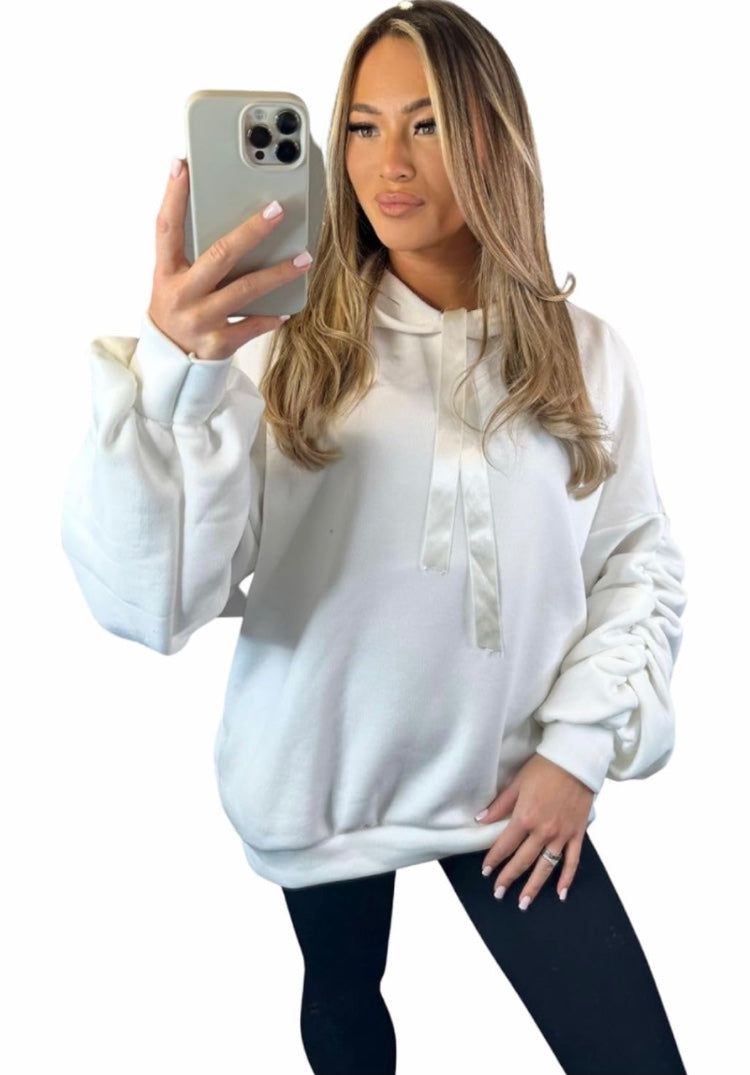 Ribbon Ruched Sleeve Hoodie