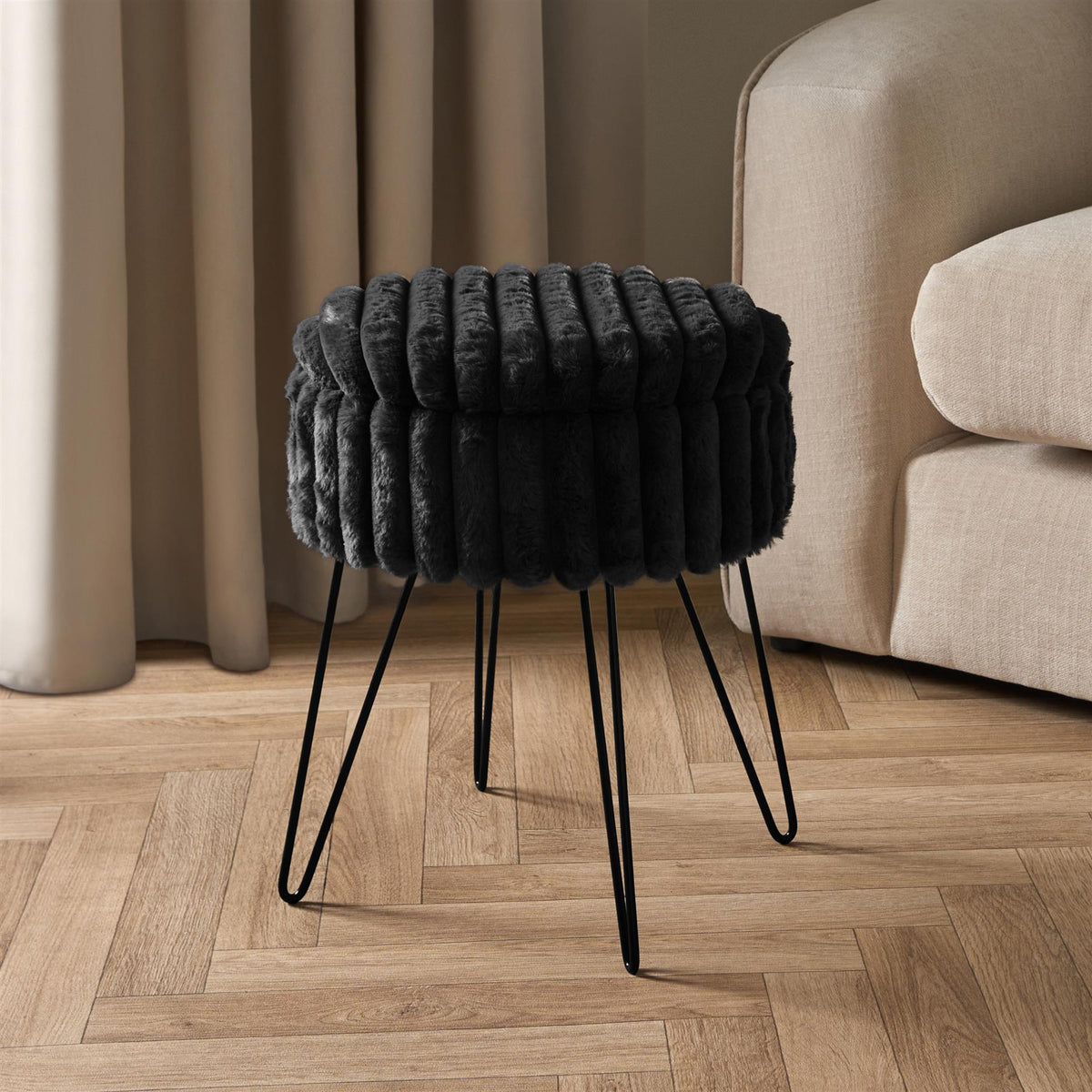 OHS Faux Fur Stool Hairpin Ribbed Fleece Round Vanity Seat Foot Rest Chair