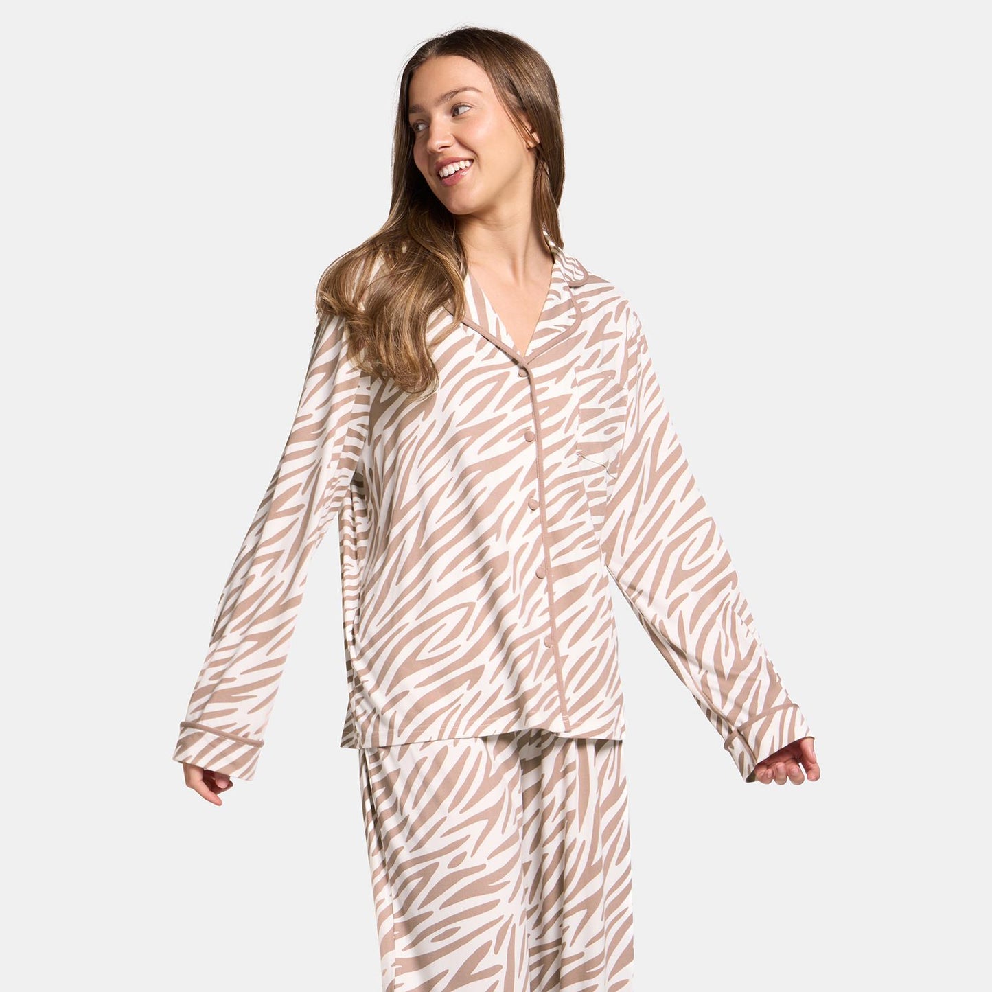 OHS Zebra Print Pyjama Set Womens Jersey Button Through Nightwear Loungewear