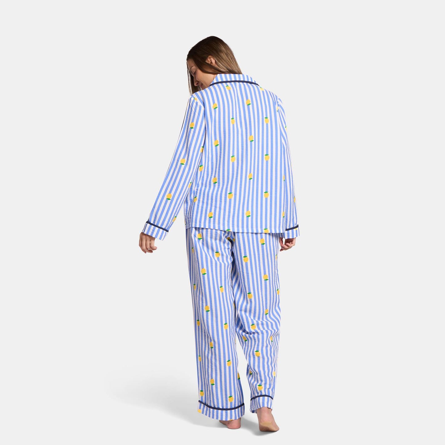 OHS Stripe Pyjama Set Womens Seersucker Button Through Soft Nightwear Loungewear