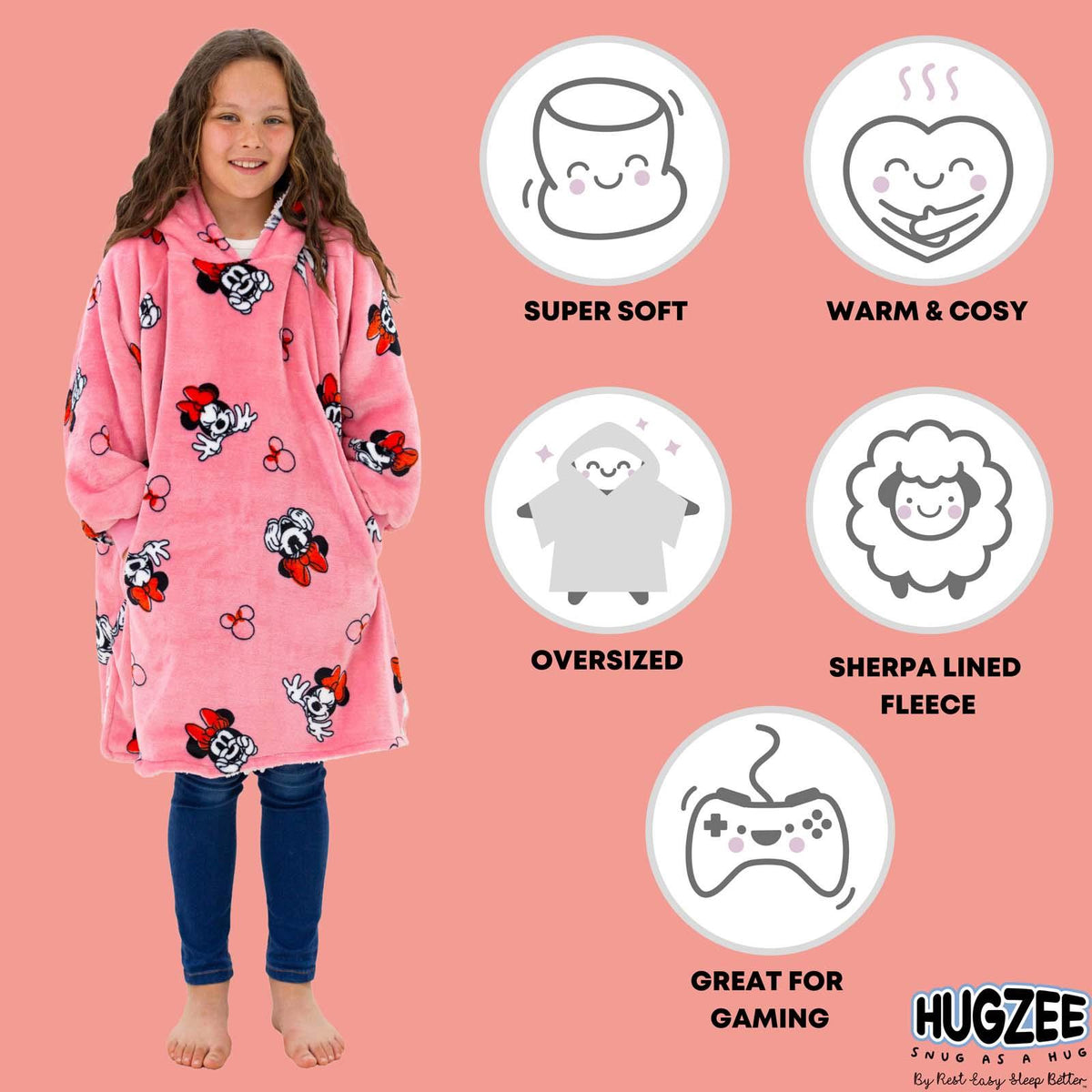 Minnie Mouse Hoodie Blanket Oversized Wearable Soft Sherpa Fleece Throw, Pink