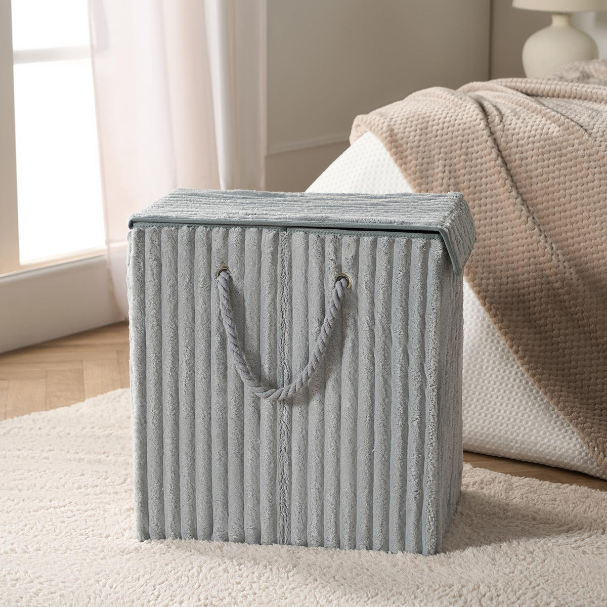 OHS Ribbed Laundry Basket with Lid Foldable Hamper Bag Washing Bin Storage