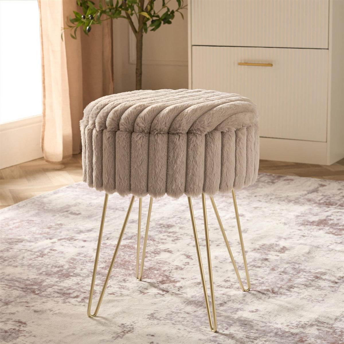 OHS Faux Fur Stool Hairpin Ribbed Fleece Round Vanity Seat Foot Rest Chair