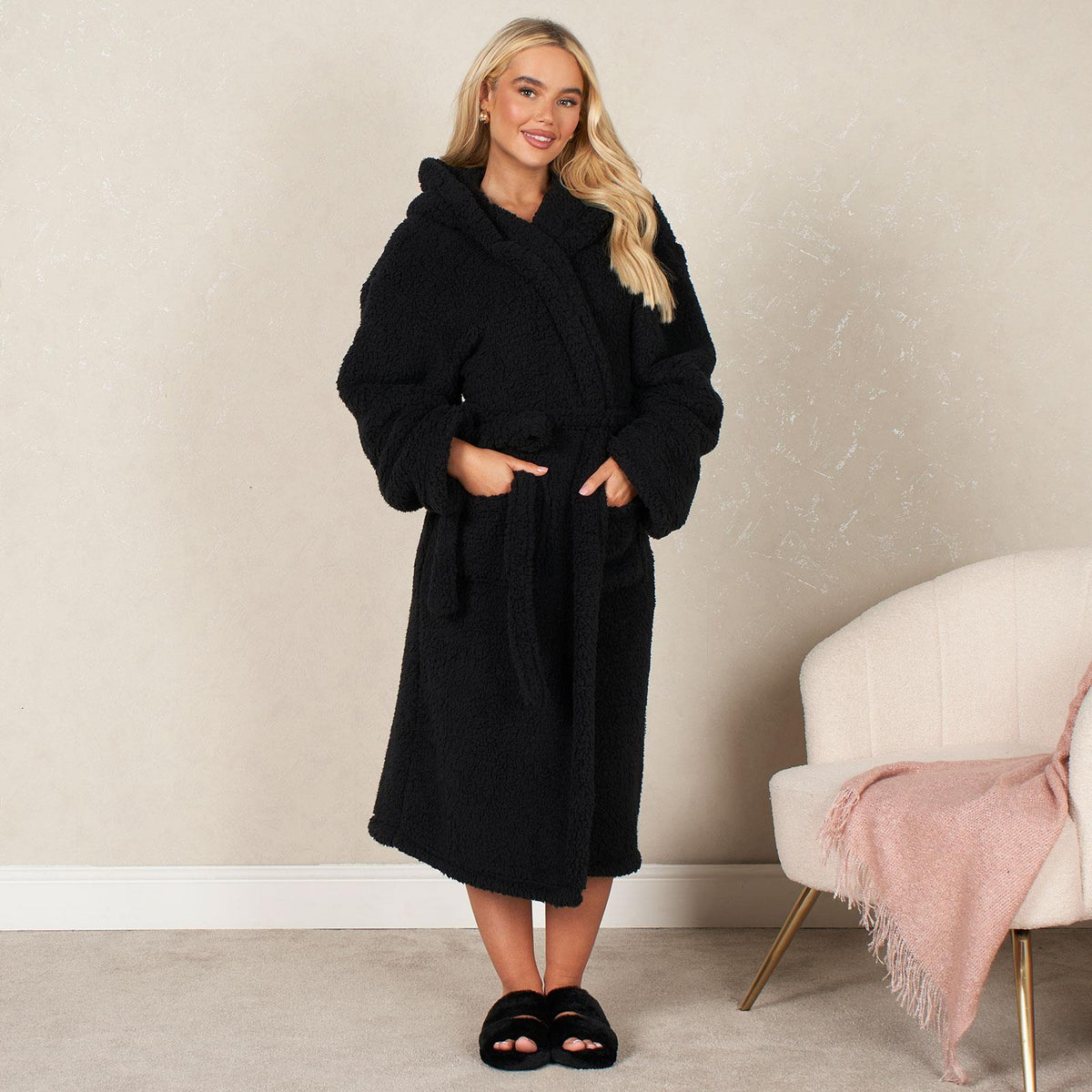 OHS Teddy Fleece Long Dressing Gown Ladies Warm House Coat Hooded Long Cosy Robe