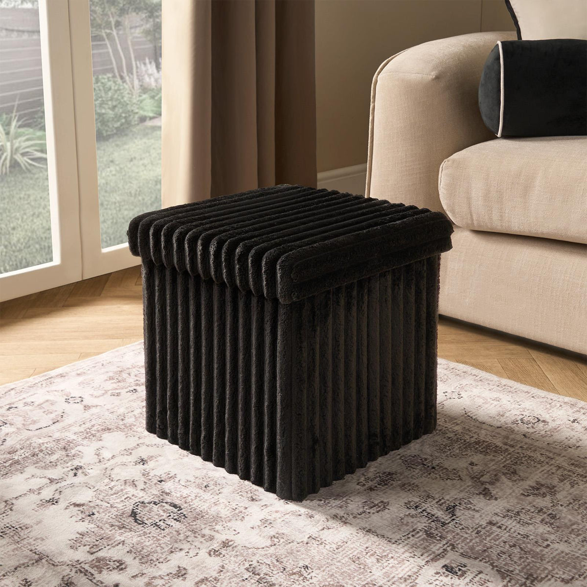 OHS Storage Box Lid Ottoman Folding Ribbed Fleece Footstool Tub Seat