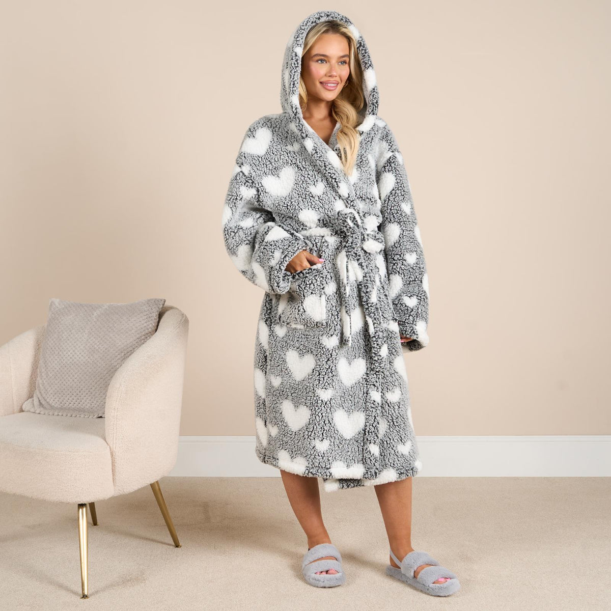 OHS Teddy Marl Dressing Gown Prints Ladies Warm Womens Loungewear Bathrobe