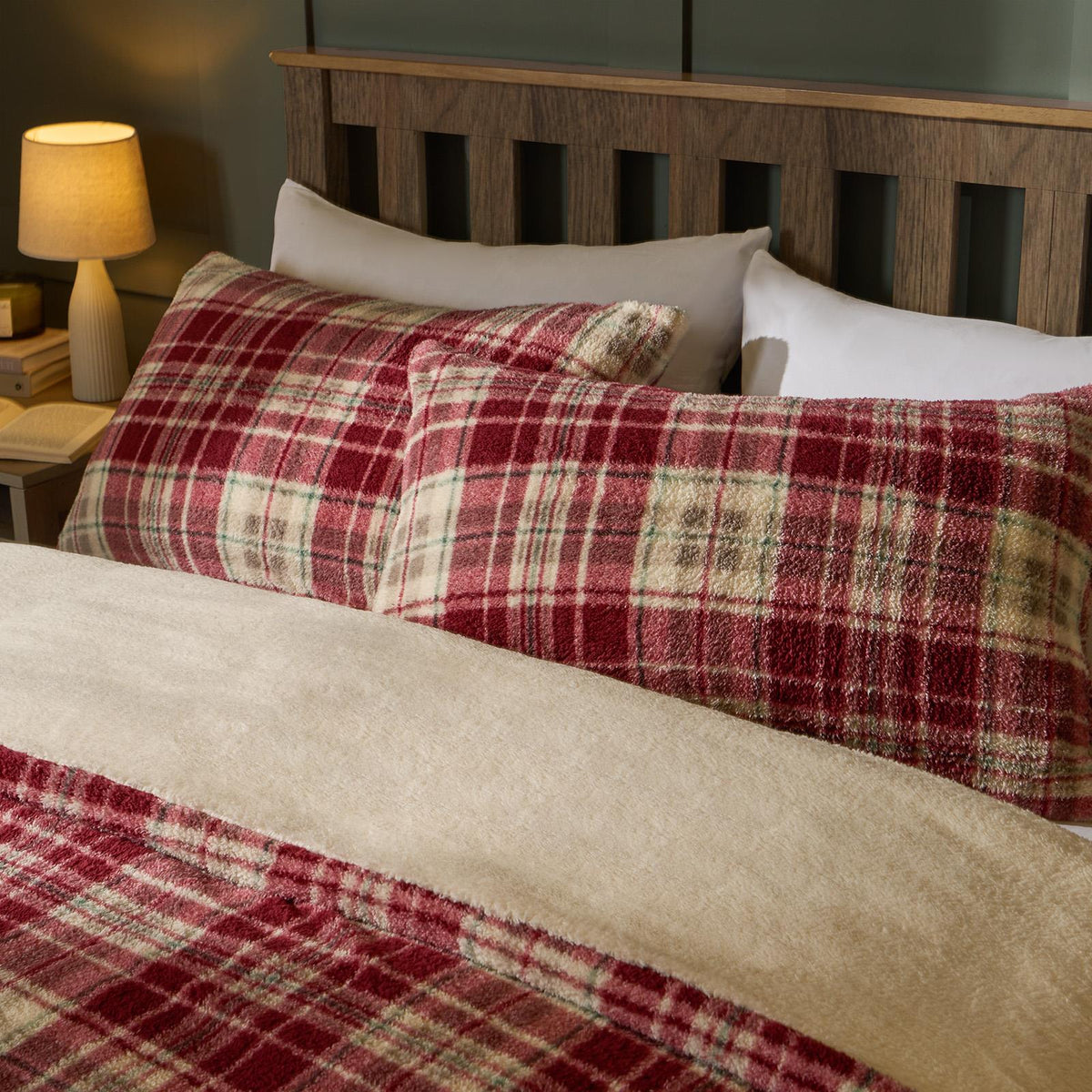 OHS Teddy Fleece Bedding Set Warm Winter Check Duvet Cover with Pillowcase
