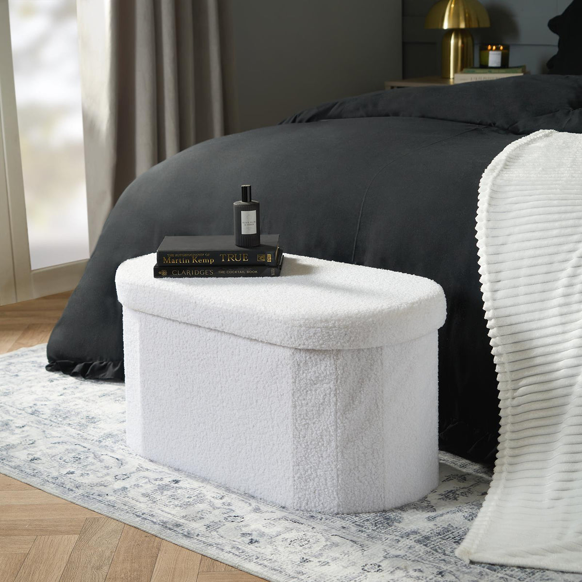 OHS Ottoman Boucle Storage Box Folding Footstool Cube Round Rectangle