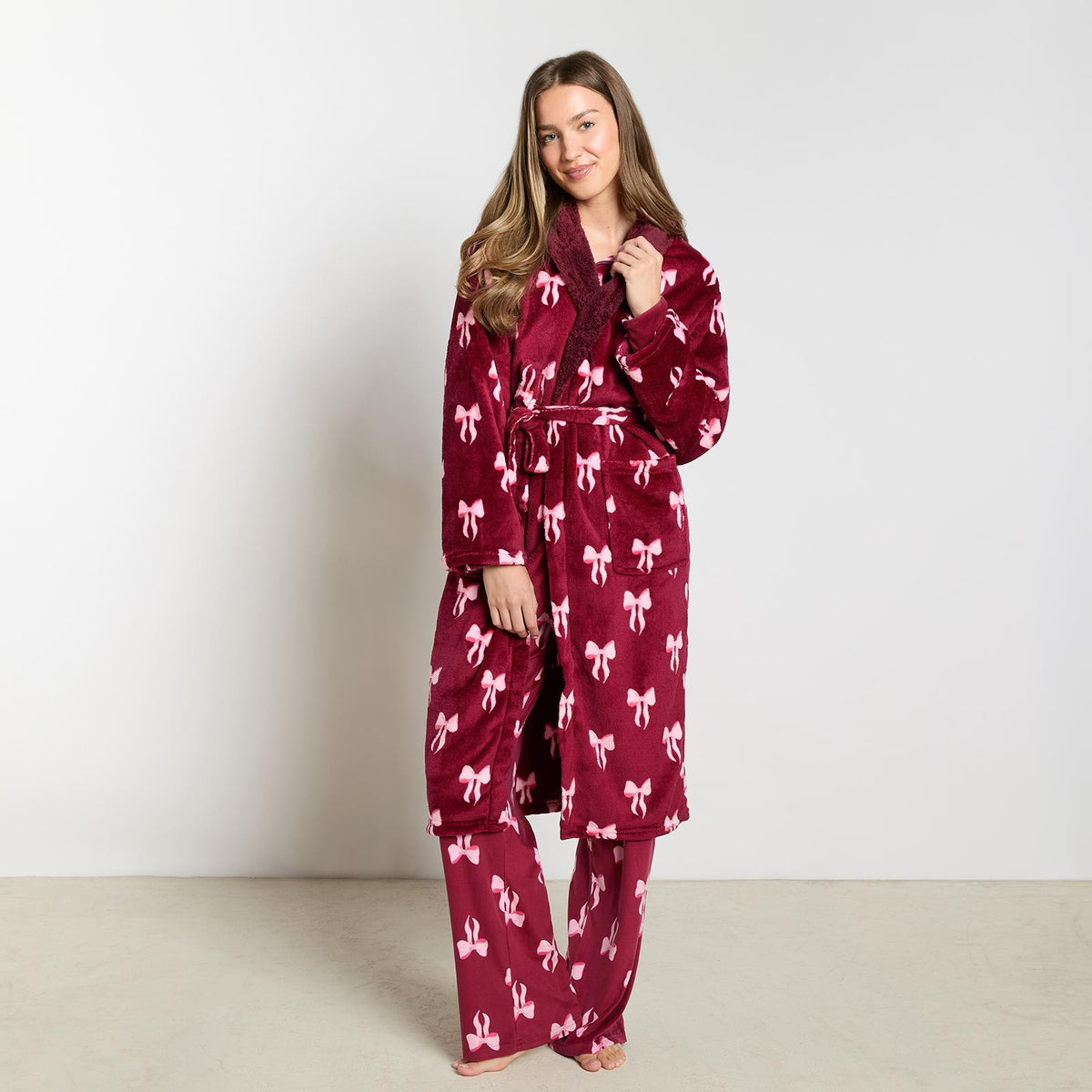 OHS Bows Dressing Gown Flannel Winter Sherpa Lined Loungewear Hooded Bathrobe