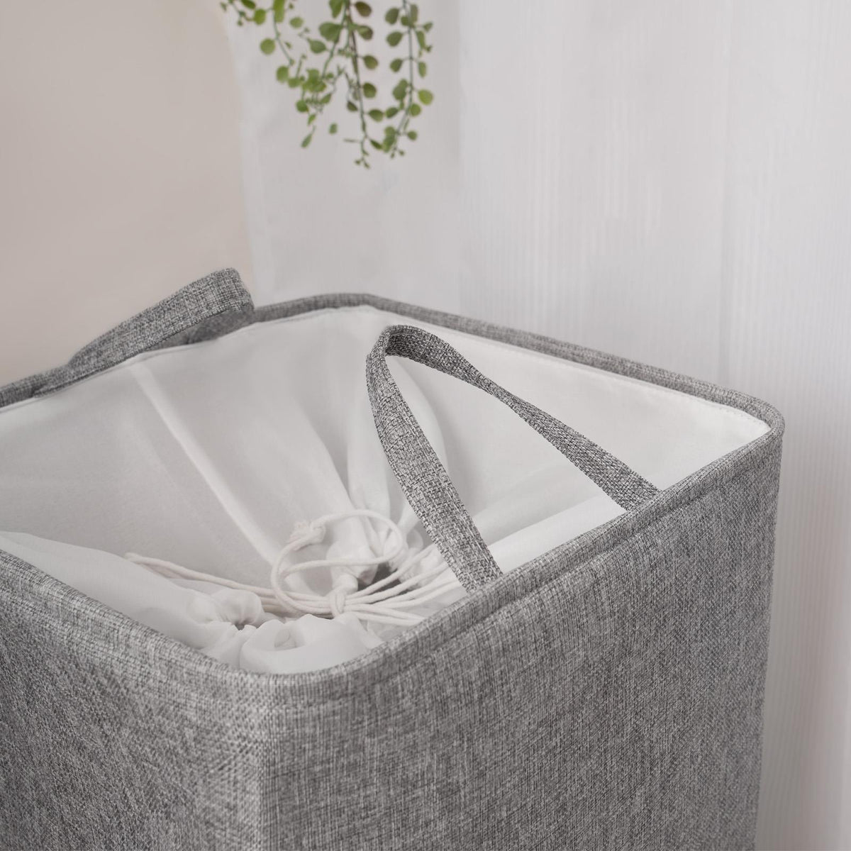 Laundry Basket Bag Foldable Drawstring Clothes Bin Organiser Faux Linen Handles