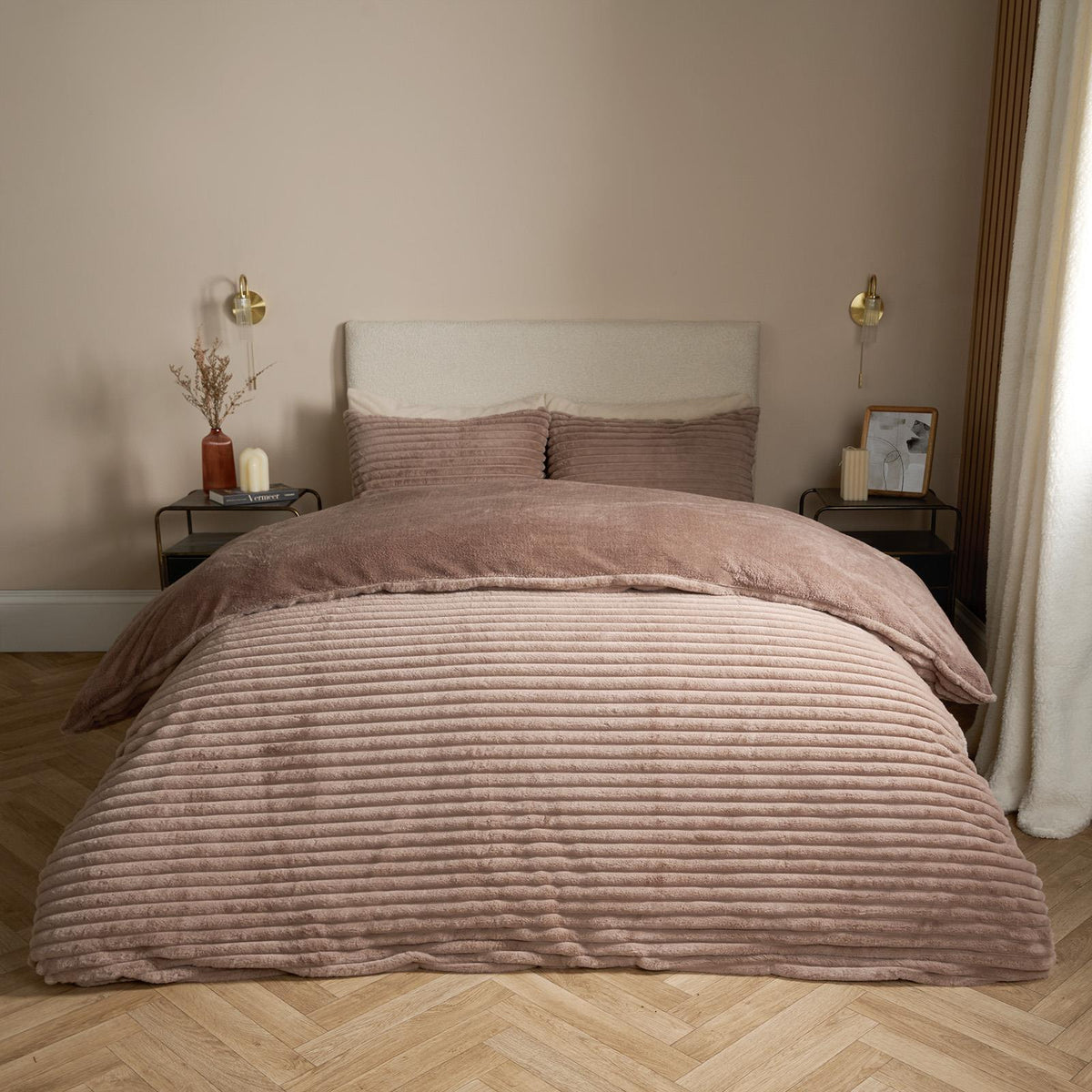OHS Ribbed Fleece Bedding Set Soft Faux Fur Thermal Duvet Cover with Pillowcase