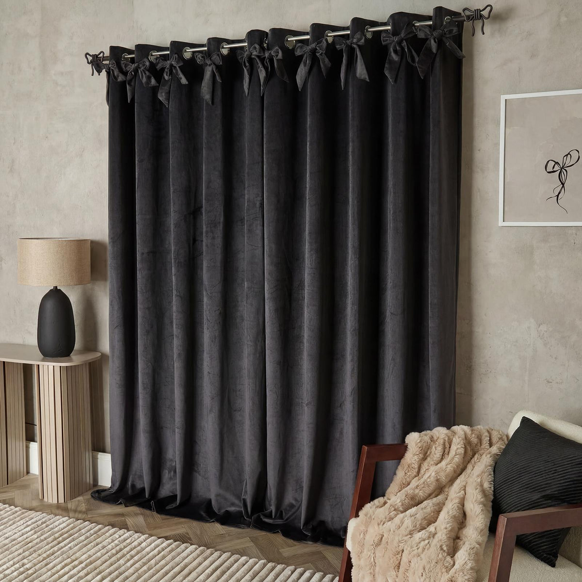 OHS Velvet Eyelet Curtains Bow Decor 2 Pair Of Ready Made Luxury Thick Ring Top