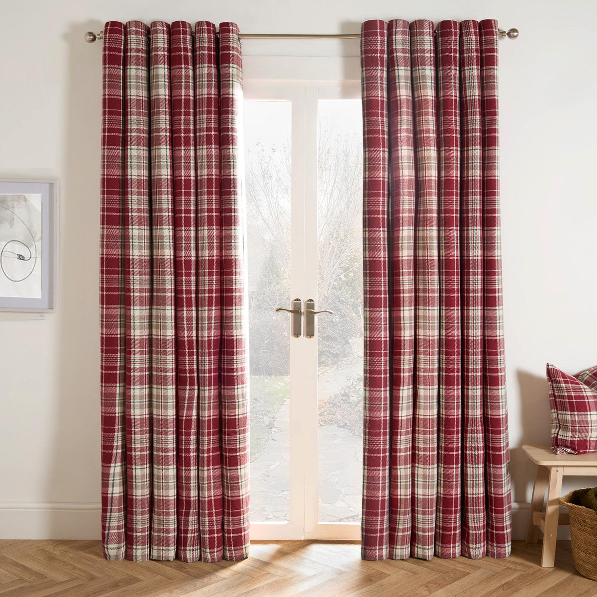 OHS Check Eyelet Curtains Pair Thermal Ring Top Textured Woven Ready Made