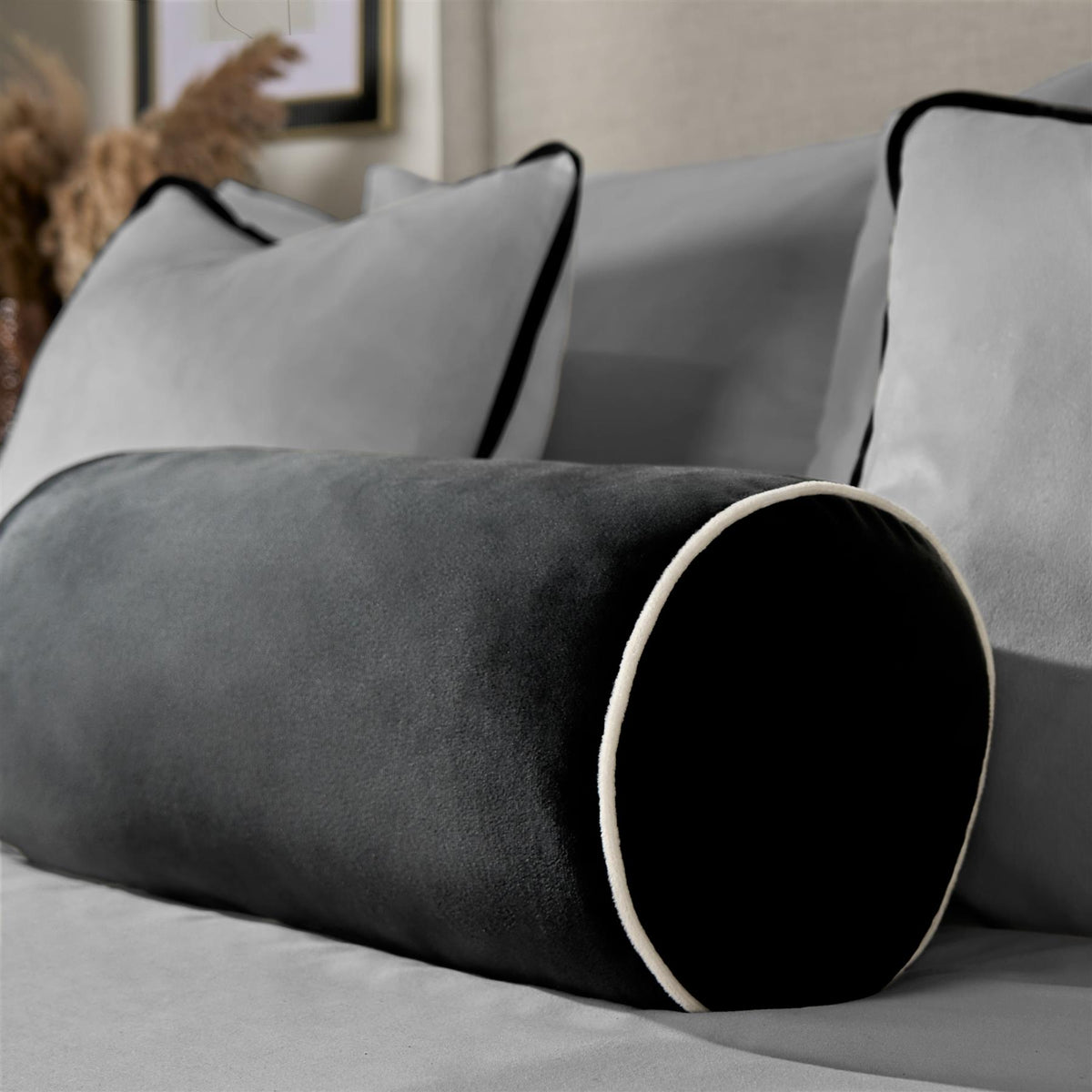 OHS Piped Edge Bolster Cushion Matte Velvet Bedroom Sofa Plump Filled Pillow