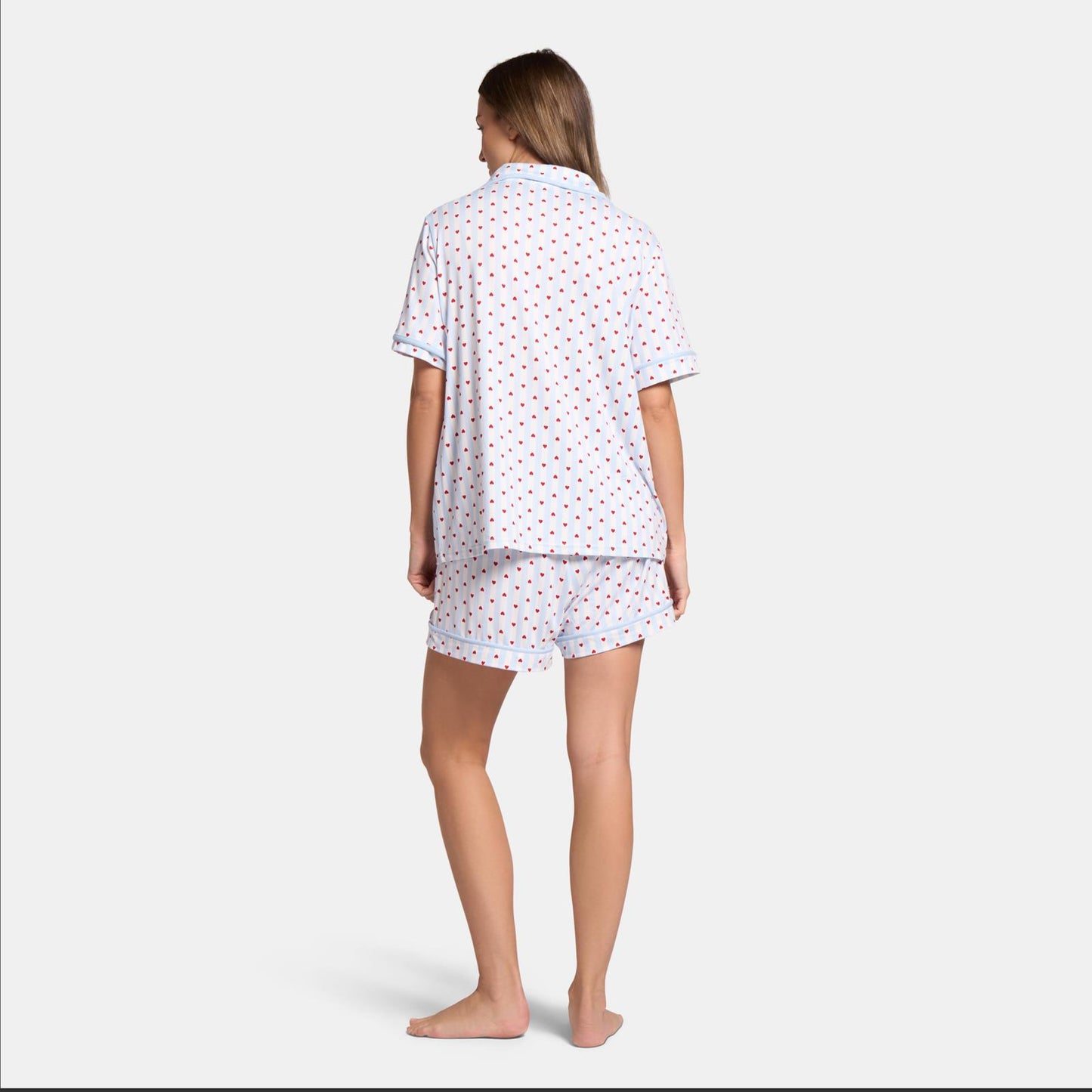 OHS Hearts Short Pyjama Set Womens Jersey Button Through Nightwear Loungewear