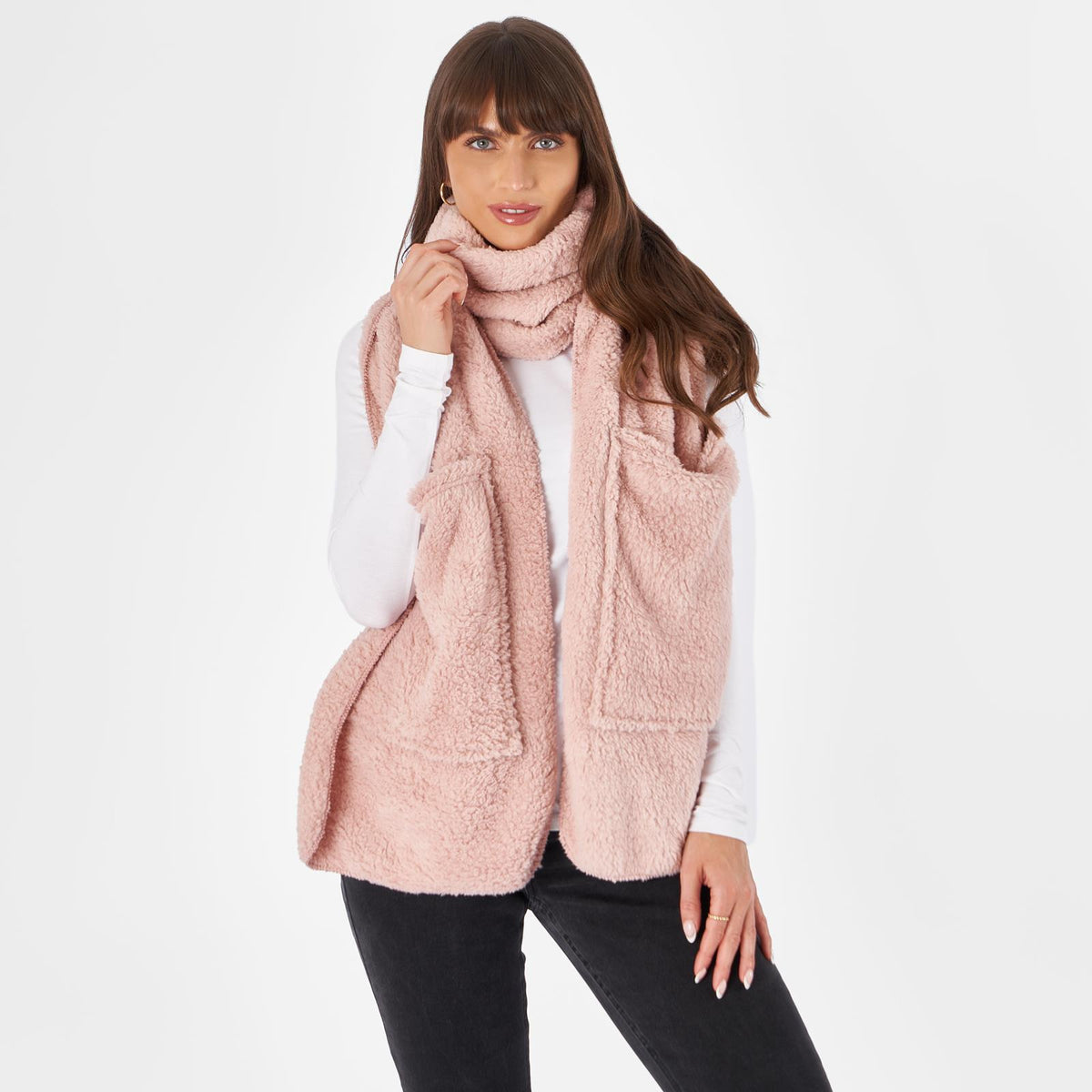 OHS Long Teddy Fleece Scarf Pocket Soft Wrap Plush Womens Shawl Neck Hand Warmer