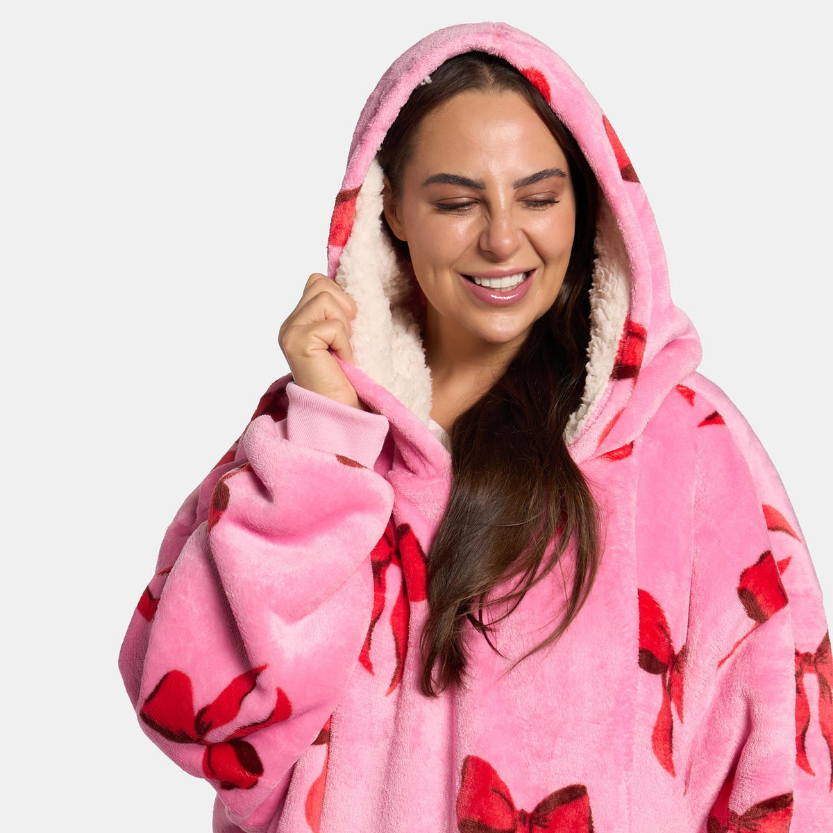 OHS Bows Print Hooded Blanket Adult Kids Sherpa Lined Winter Family Hoodie