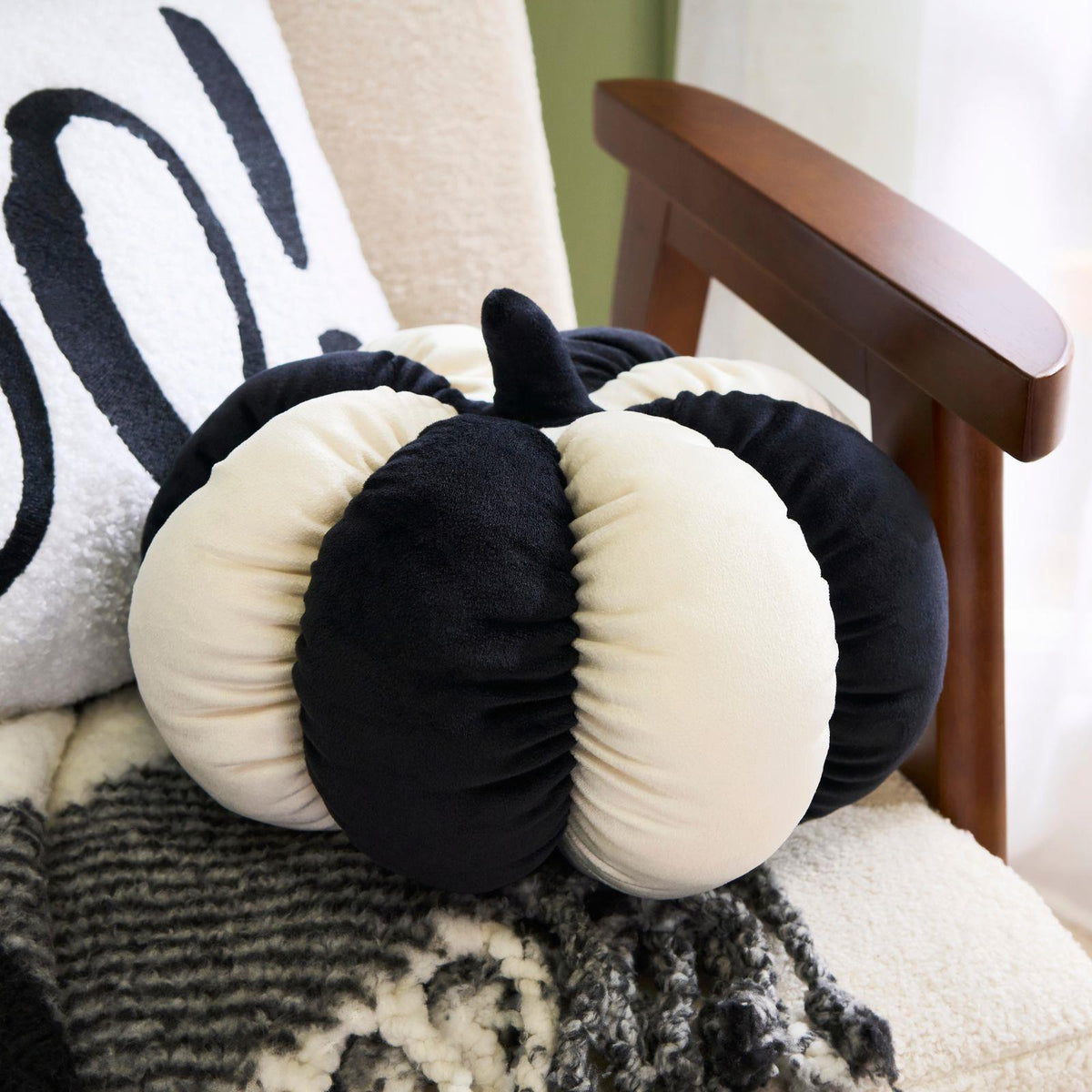 OHS Pumpkin Cushion Striped Matte Velvet Novelty Decorative Scatter Pillow