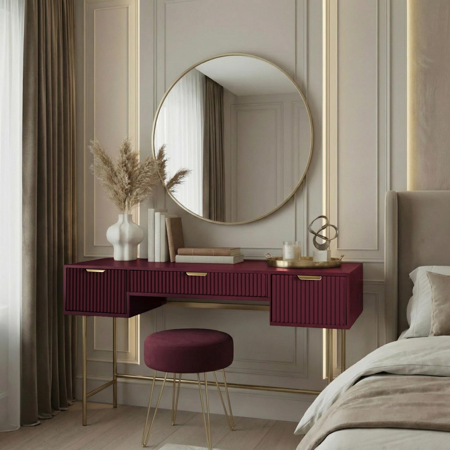 OHS Ribbed Dressing Table Engineered Wood Makeup Vanity Desk with 3 Drawers