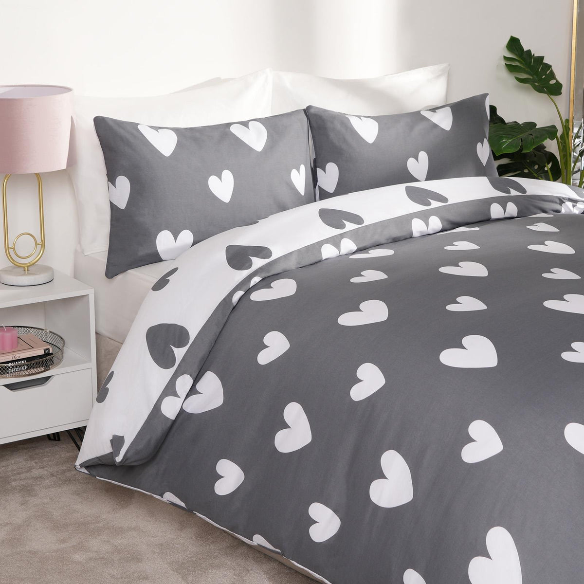 OHS Heart Print Duvet Cover with Pillowcase Quilt Reversible Bedding Set