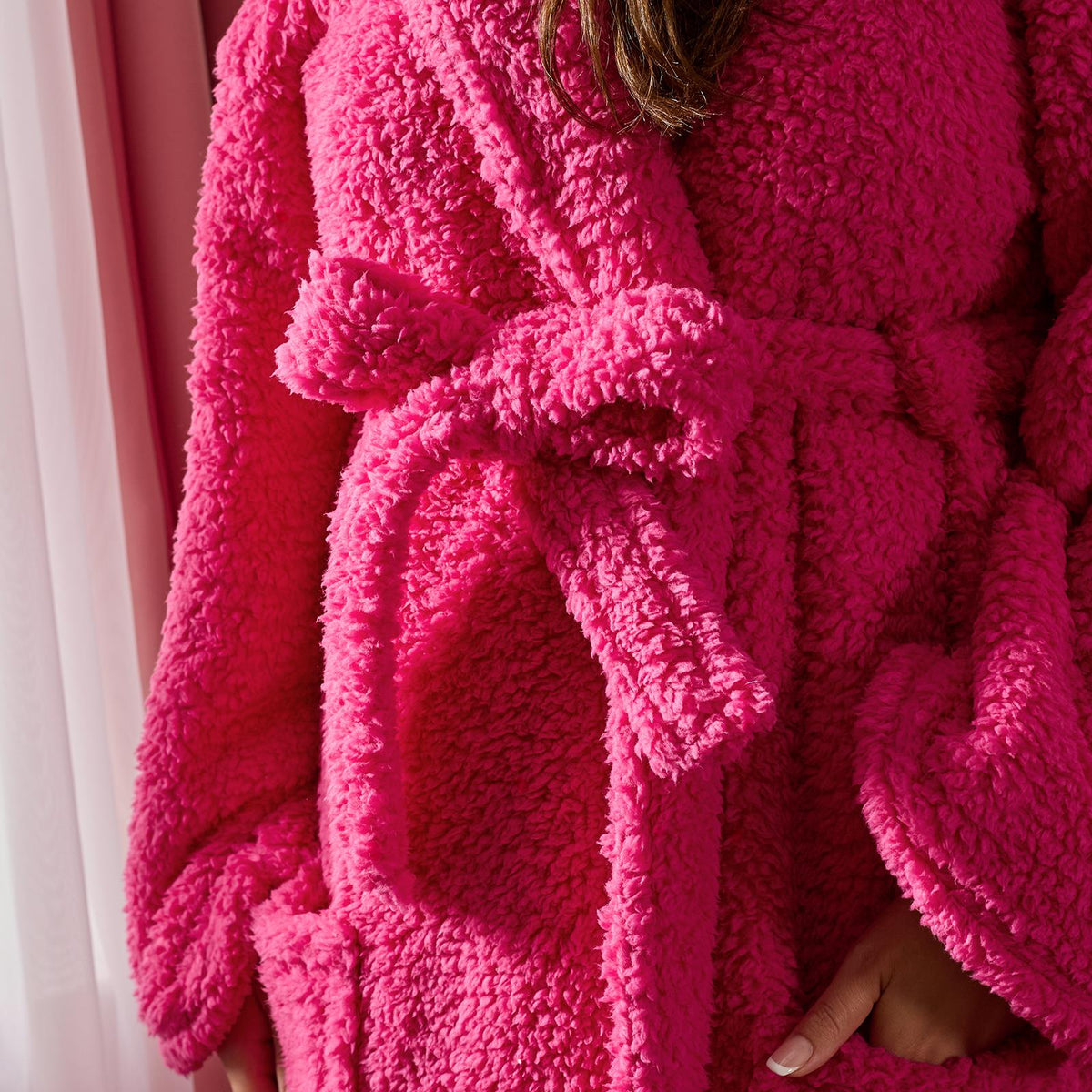 OHS Teddy Fleece Dressing Gown Floor Length Hooded Bathrobe Winter Loungewear