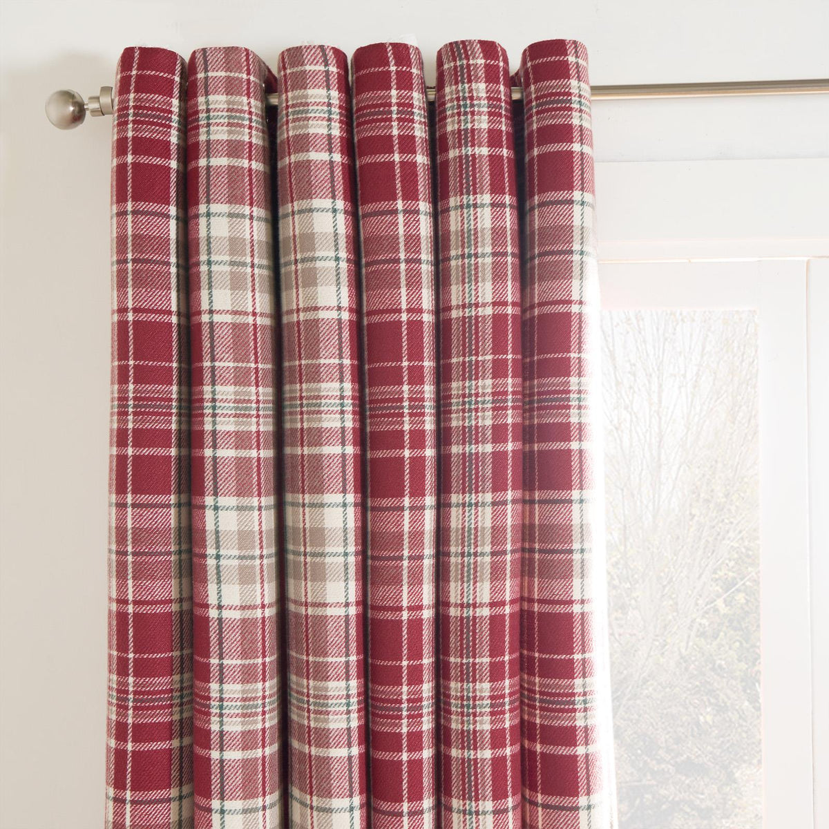 OHS Check Eyelet Curtains Pair Thermal Ring Top Textured Woven Ready Made