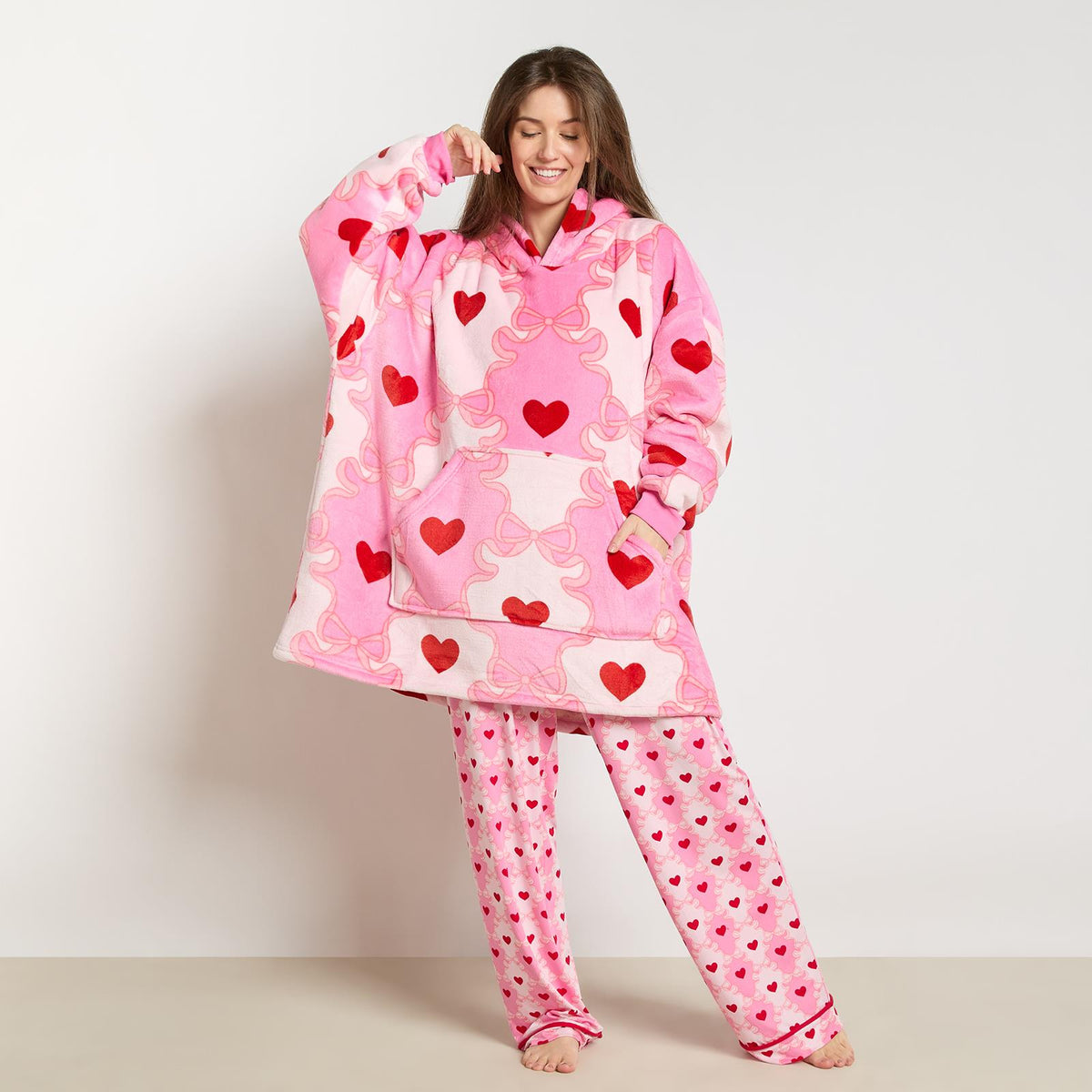 OHS Bow Lattice Hoodie Blanket Sherpa Lined Fleece Wearable Throw Thermal