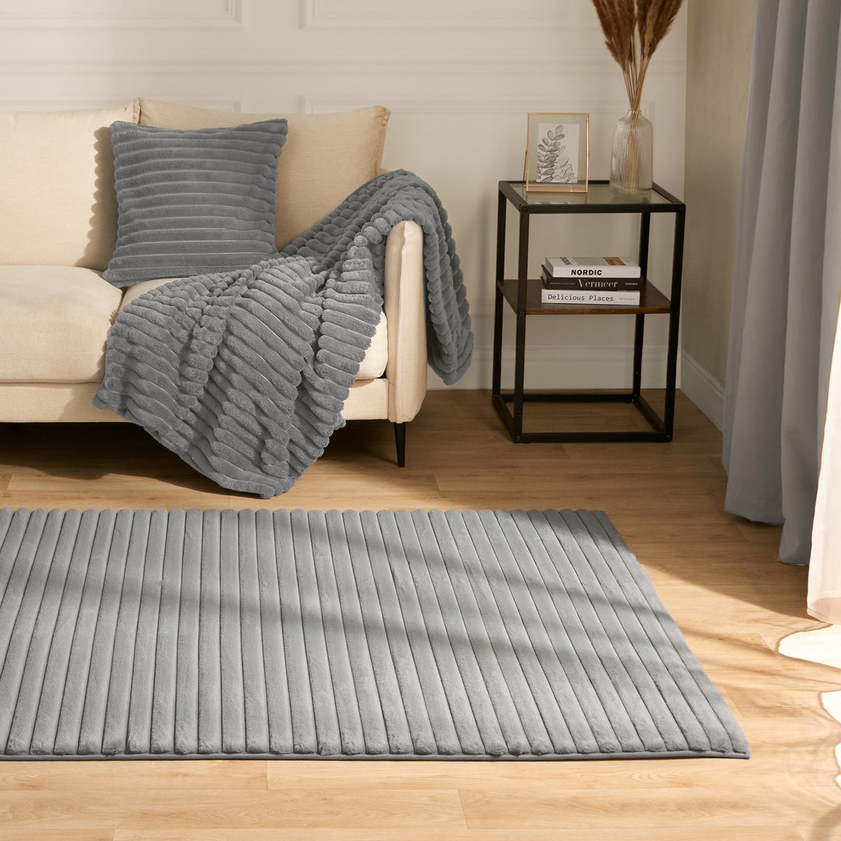 Faux Fur Rug Living Room Ribbed Large Mat Luxury Carpet Anti Slip Floor Runner
