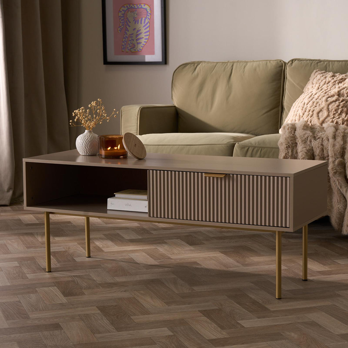 OHS Ribbed Coffee Table with Drawer Engineered Wood Shelf Storage Home Decor