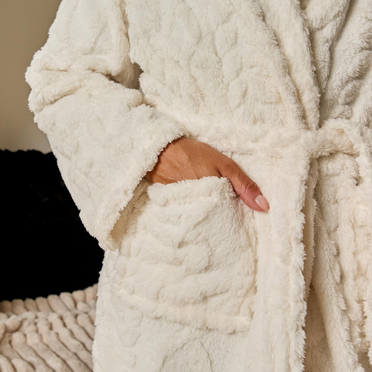 OHS Cable Knit Dressing Gown Flannel Fleece Winter Loungewear Hooded Bathrobe