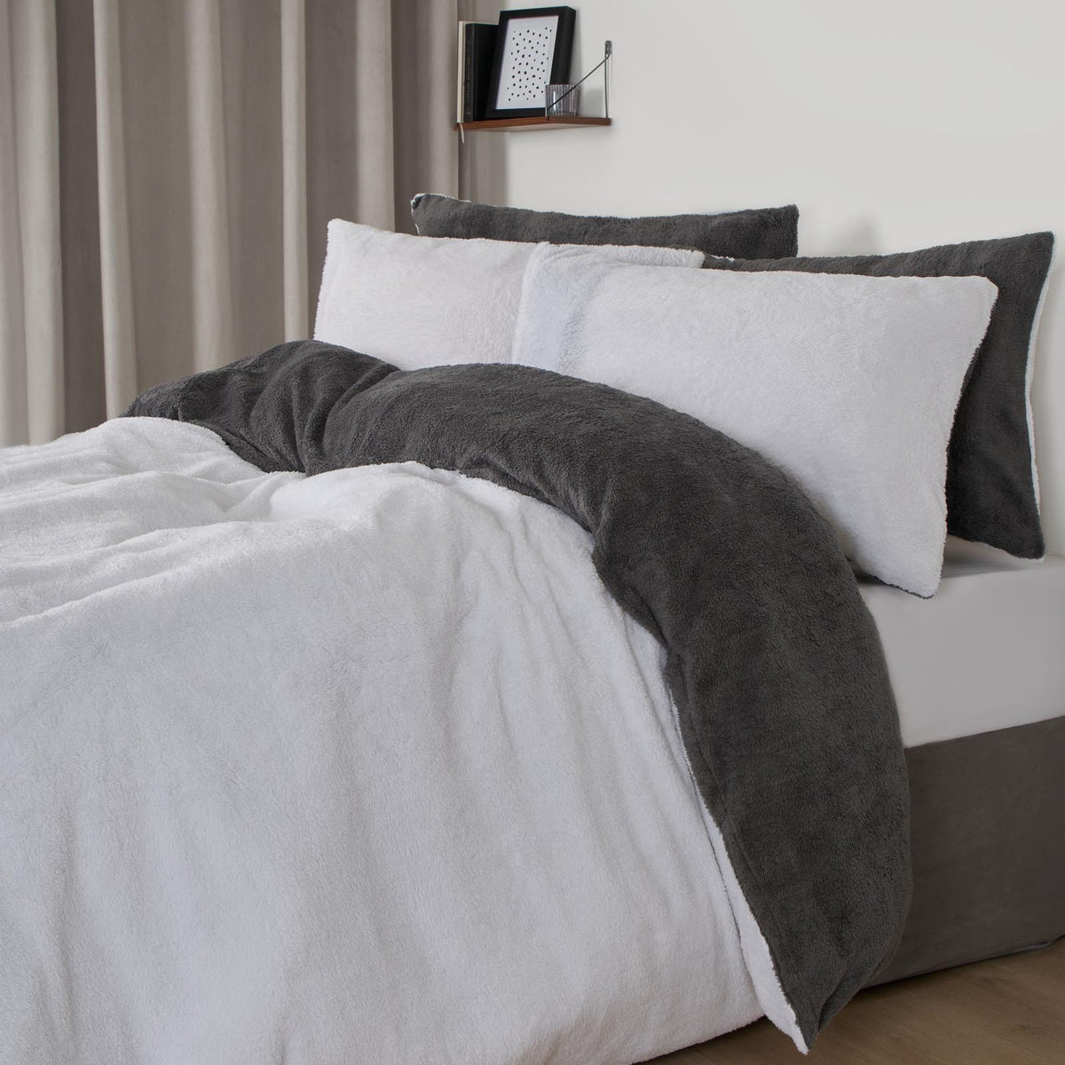 OHS Reversible Teddy Fleece Duvet Cover with Pillowcase Bedding Set Grey