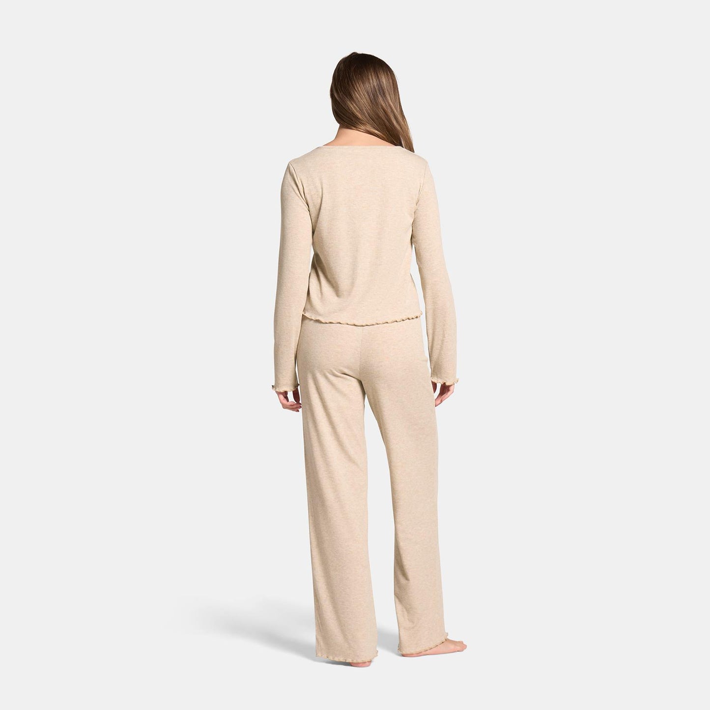 OHS Ribbed Jersey Pyjama Set Womens Lettuce Edge Sleepwear Nightwear Loungewear