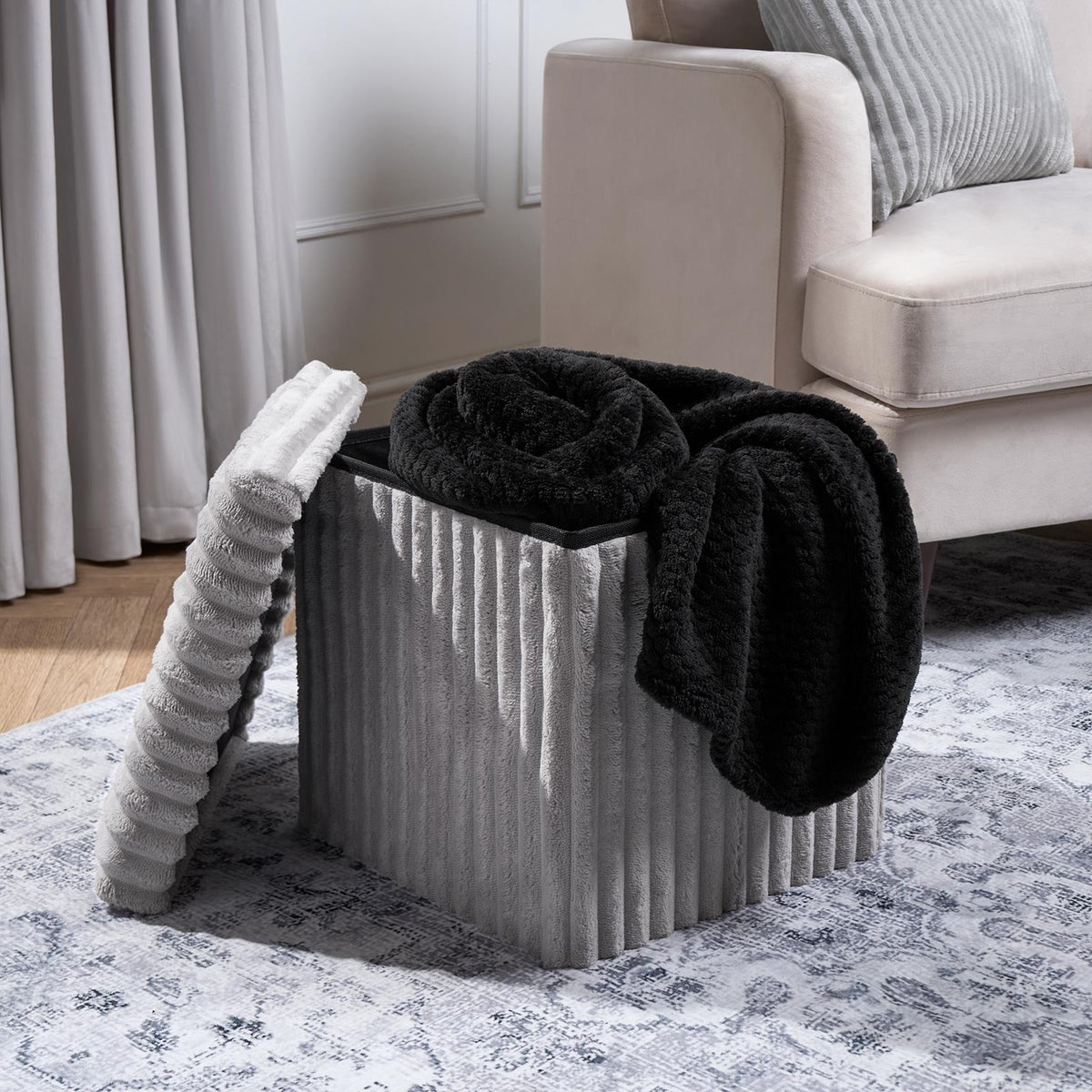 OHS Storage Box Lid Ottoman Folding Ribbed Fleece Footstool Tub Seat