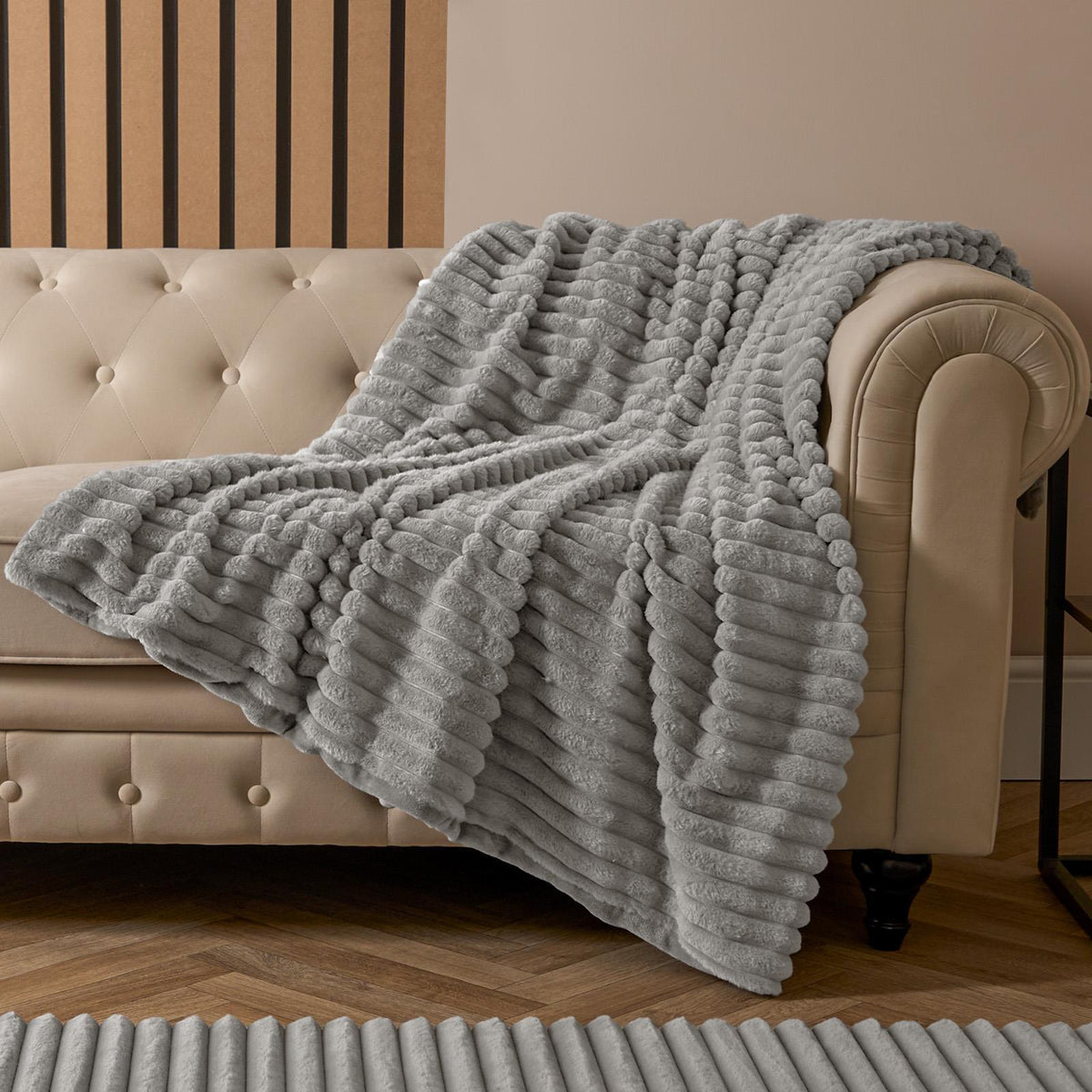 OHS Faux Fur Ribbed Fleece Throw Over Bed Blanket Warm Supersoft