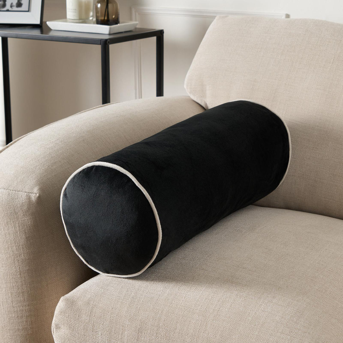 OHS Piped Edge Bolster Cushion Matte Velvet Bedroom Sofa Plump Filled Pillow